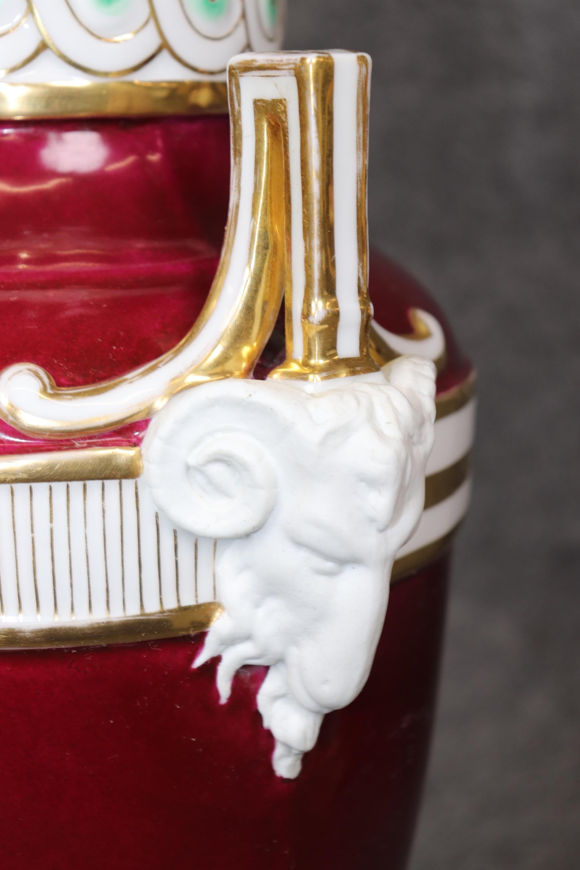 Pair of Antique French Louis XVI Style Old Paris Burgundy Porcelain Vases For Sale 7