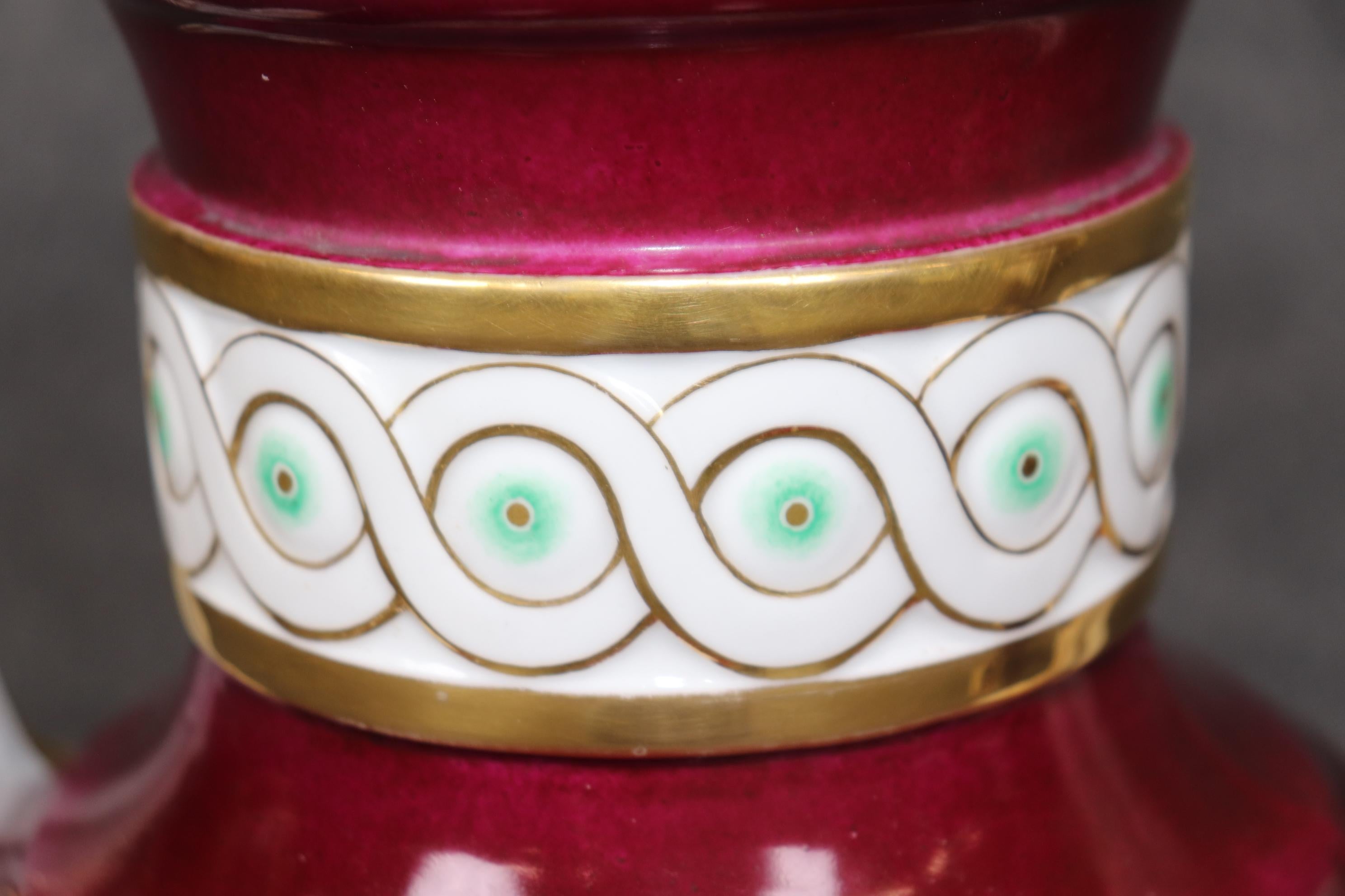 Pair of Antique French Louis XVI Style Old Paris Burgundy Porcelain Vases For Sale 9