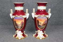Pair of Antique French Louis XVI Style Old Paris Burgundy Porcelain Vases