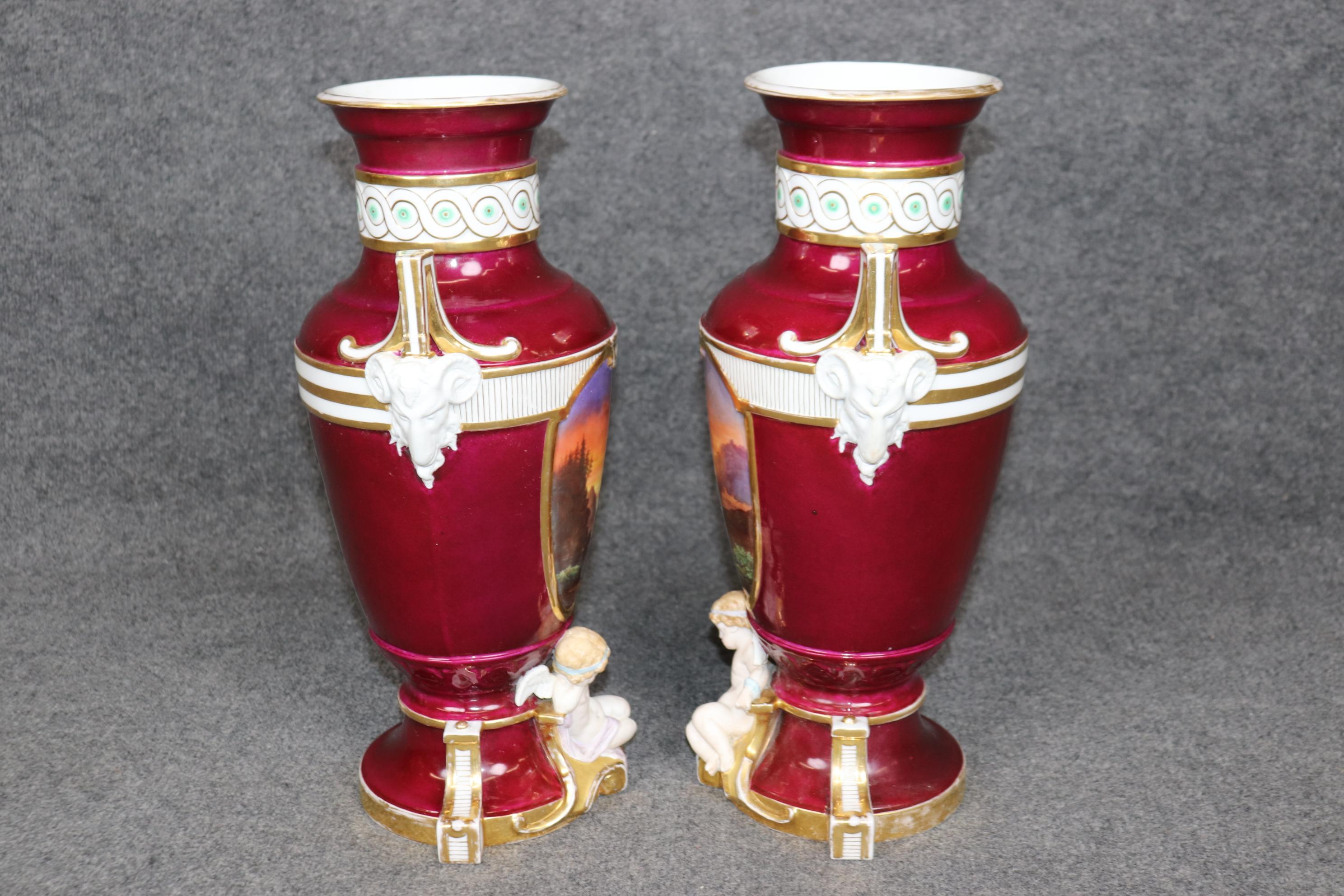 Gilt Pair of Antique French Louis XVI Style Old Paris Burgundy Porcelain Vases For Sale