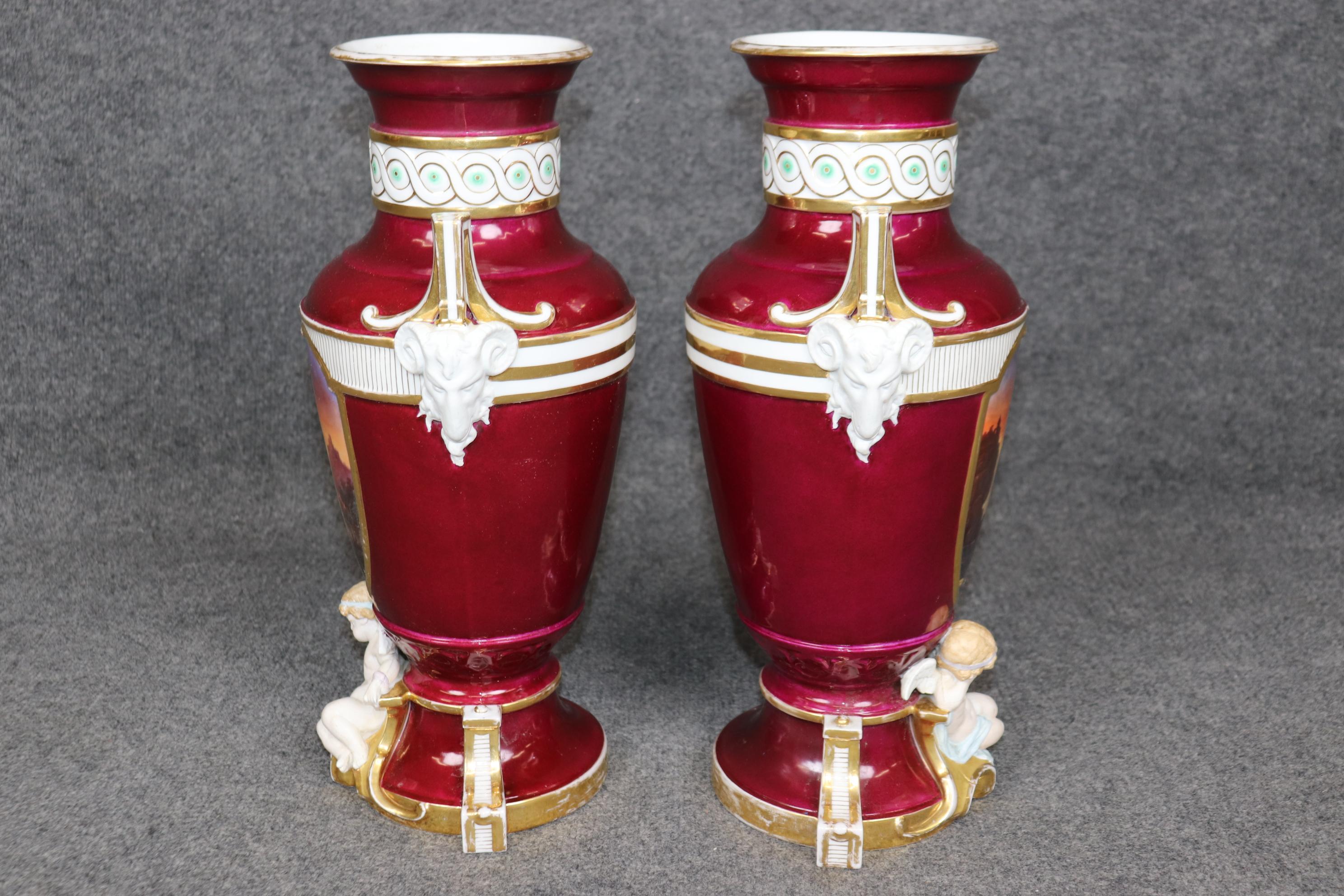 20th Century Pair of Antique French Louis XVI Style Old Paris Burgundy Porcelain Vases For Sale