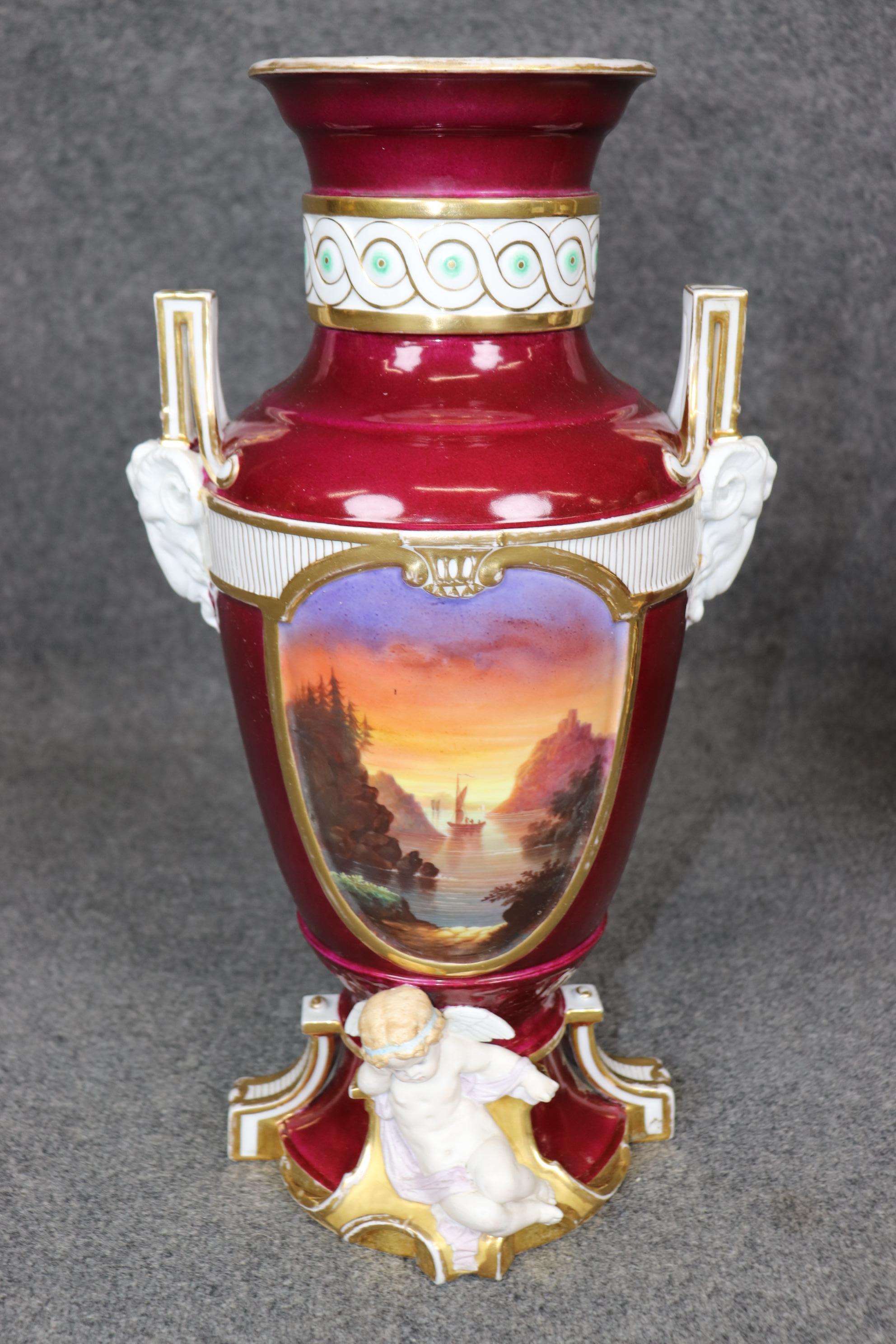 Pair of Antique French Louis XVI Style Old Paris Burgundy Porcelain Vases For Sale 1