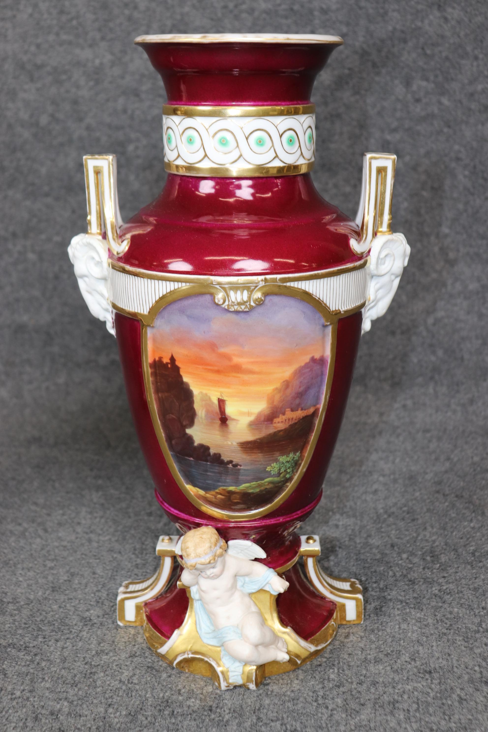 Pair of Antique French Louis XVI Style Old Paris Burgundy Porcelain Vases For Sale 2
