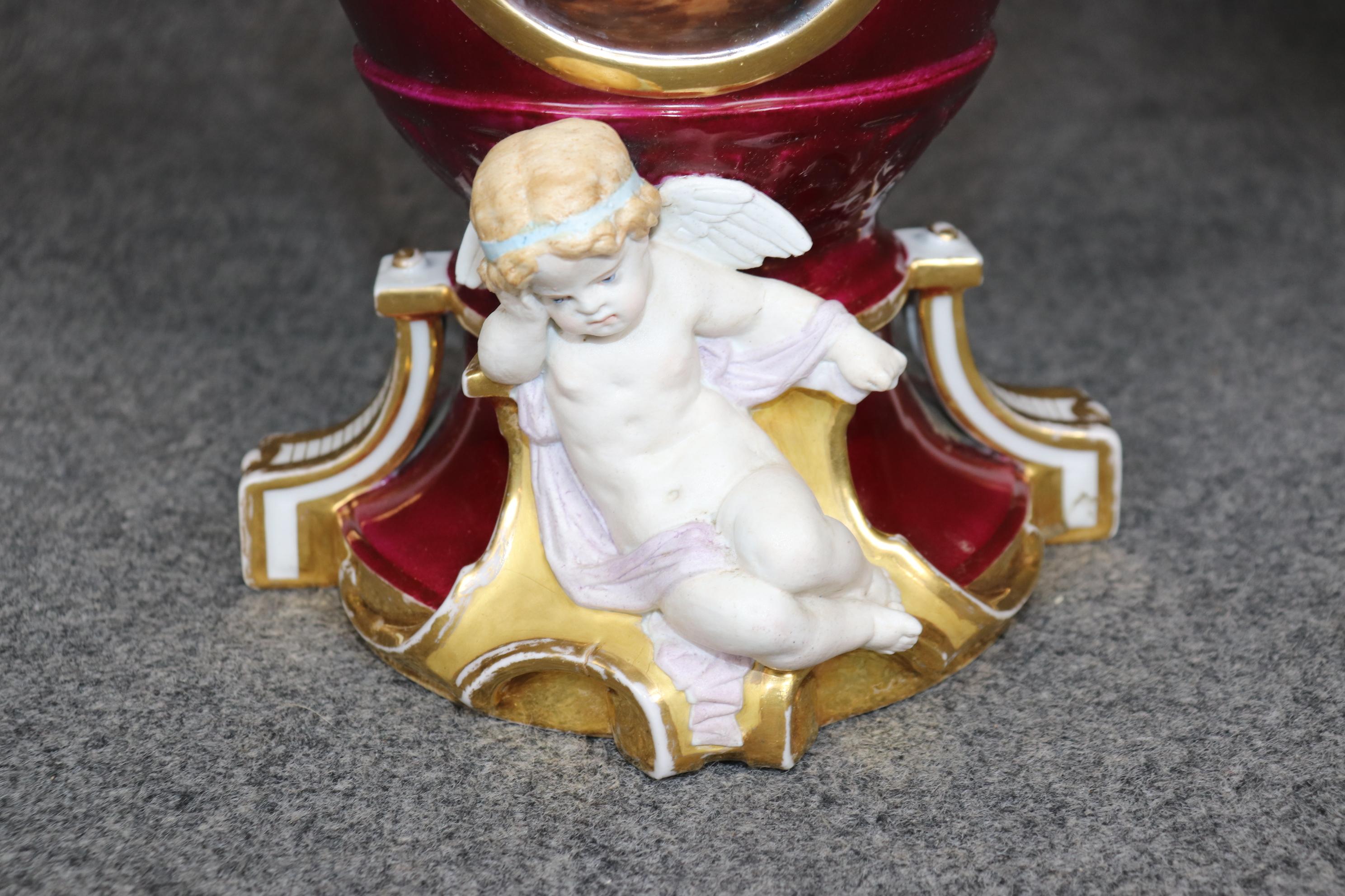 Pair of Antique French Louis XVI Style Old Paris Burgundy Porcelain Vases For Sale 3