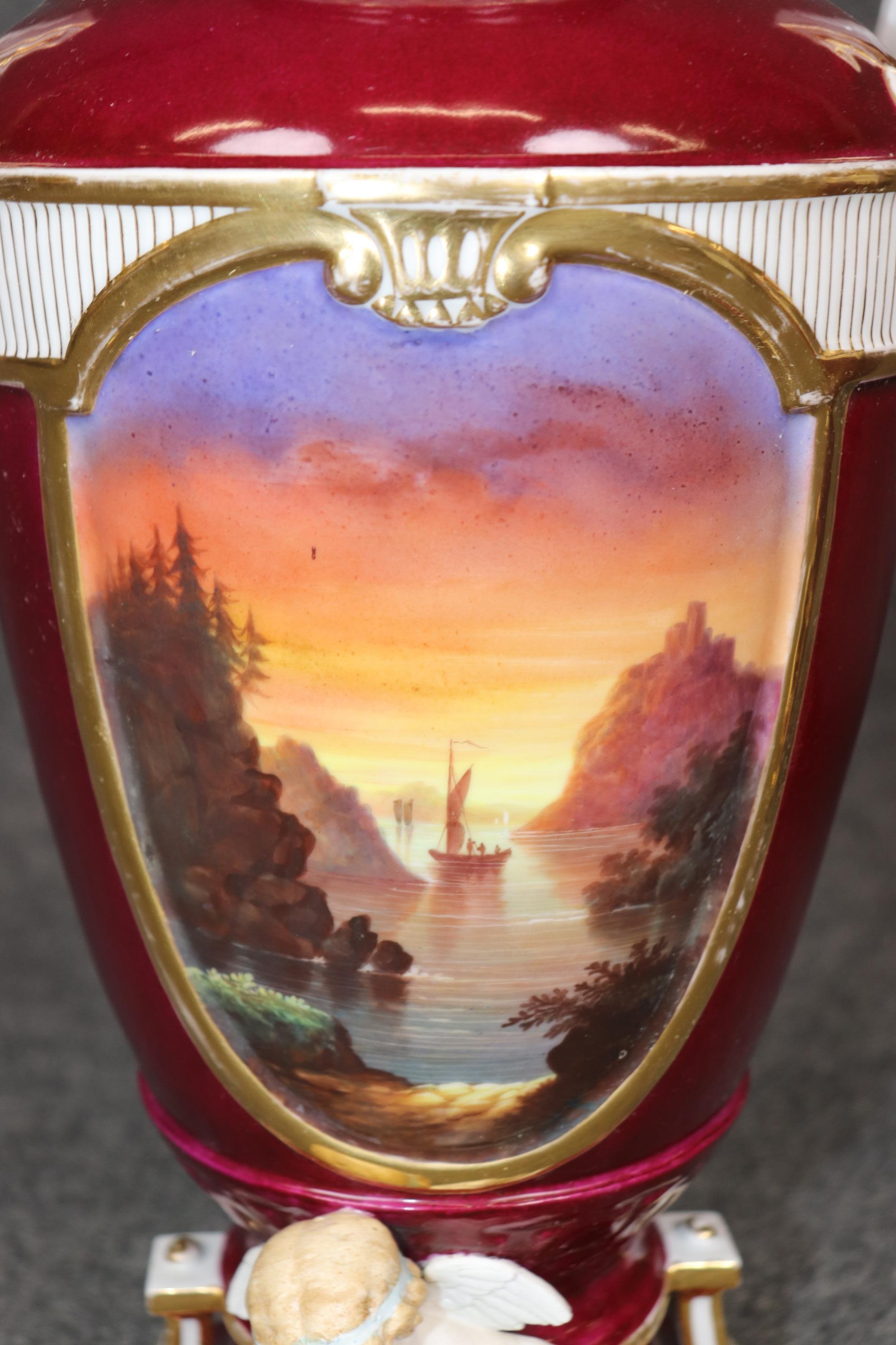 Pair of Antique French Louis XVI Style Old Paris Burgundy Porcelain Vases For Sale 4