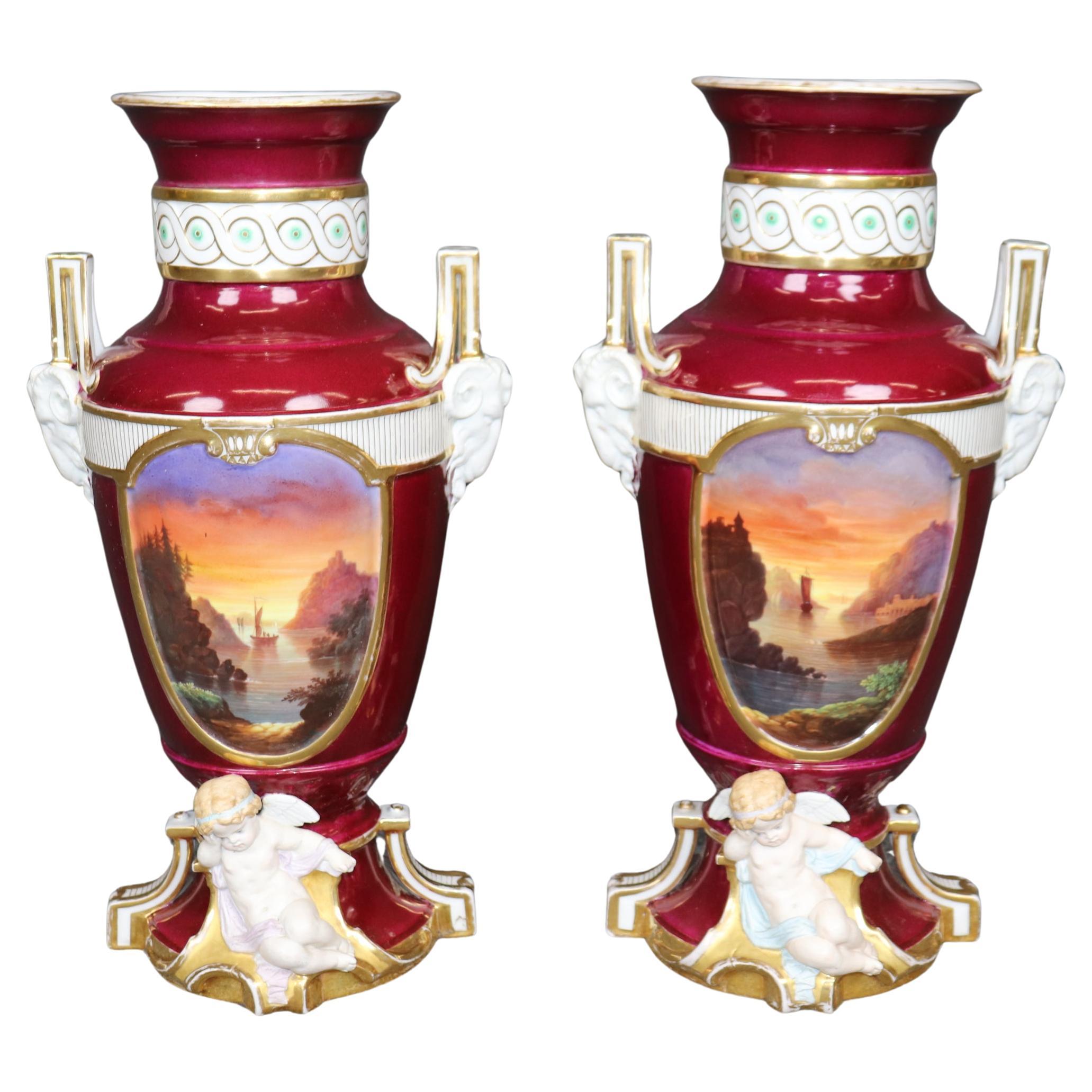 Pair of Antique French Louis XVI Style Old Paris Burgundy Porcelain Vases For Sale