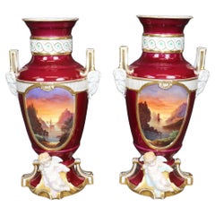 Pair of Antique French Louis XVI Style Old Paris Burgundy Porcelain Vases
