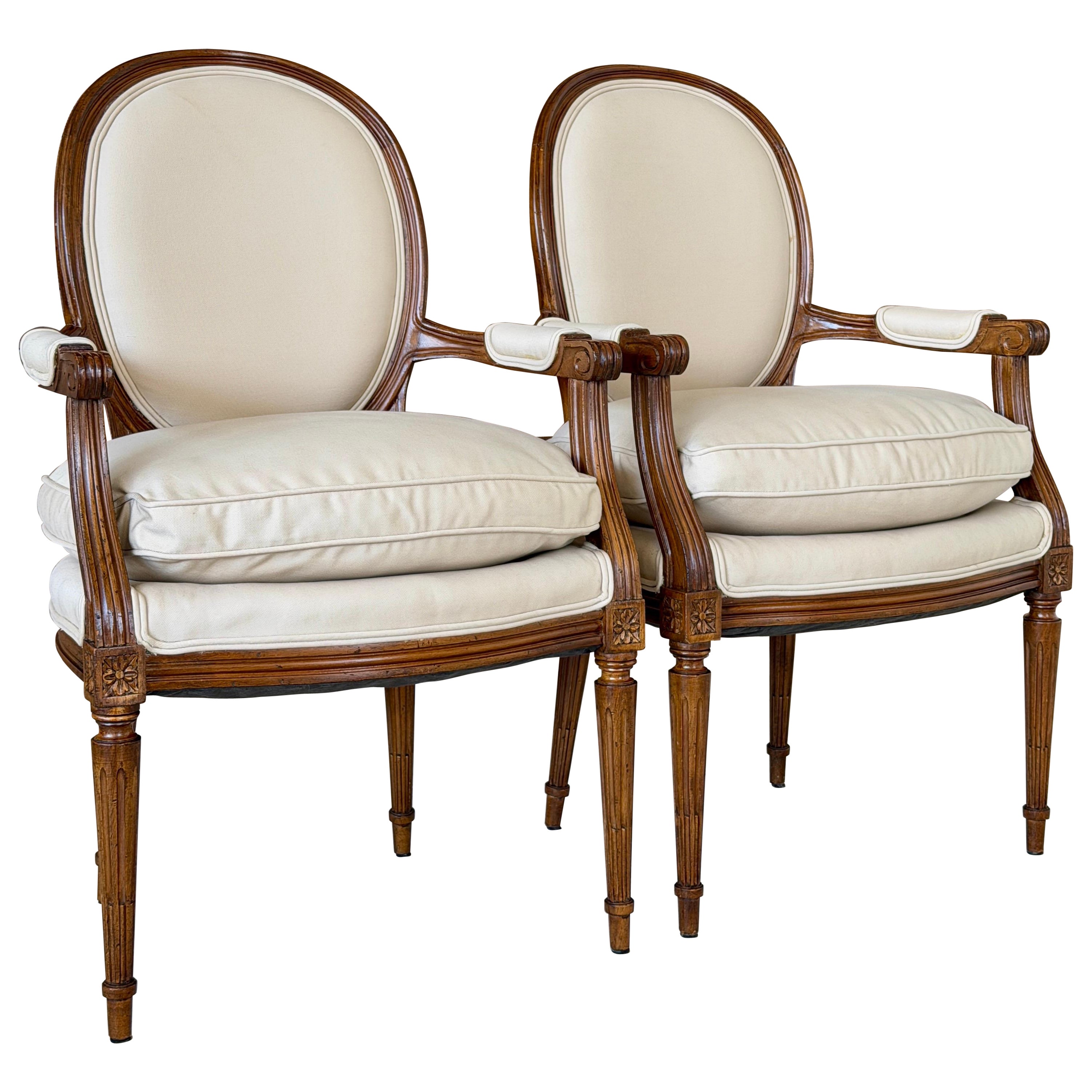 Pair of Antique French Louis XVI Style Oval Back Fauteuil Armchairs