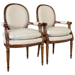 Pair of Antique French Louis XVI Style Oval Back Fauteuil Armchairs
