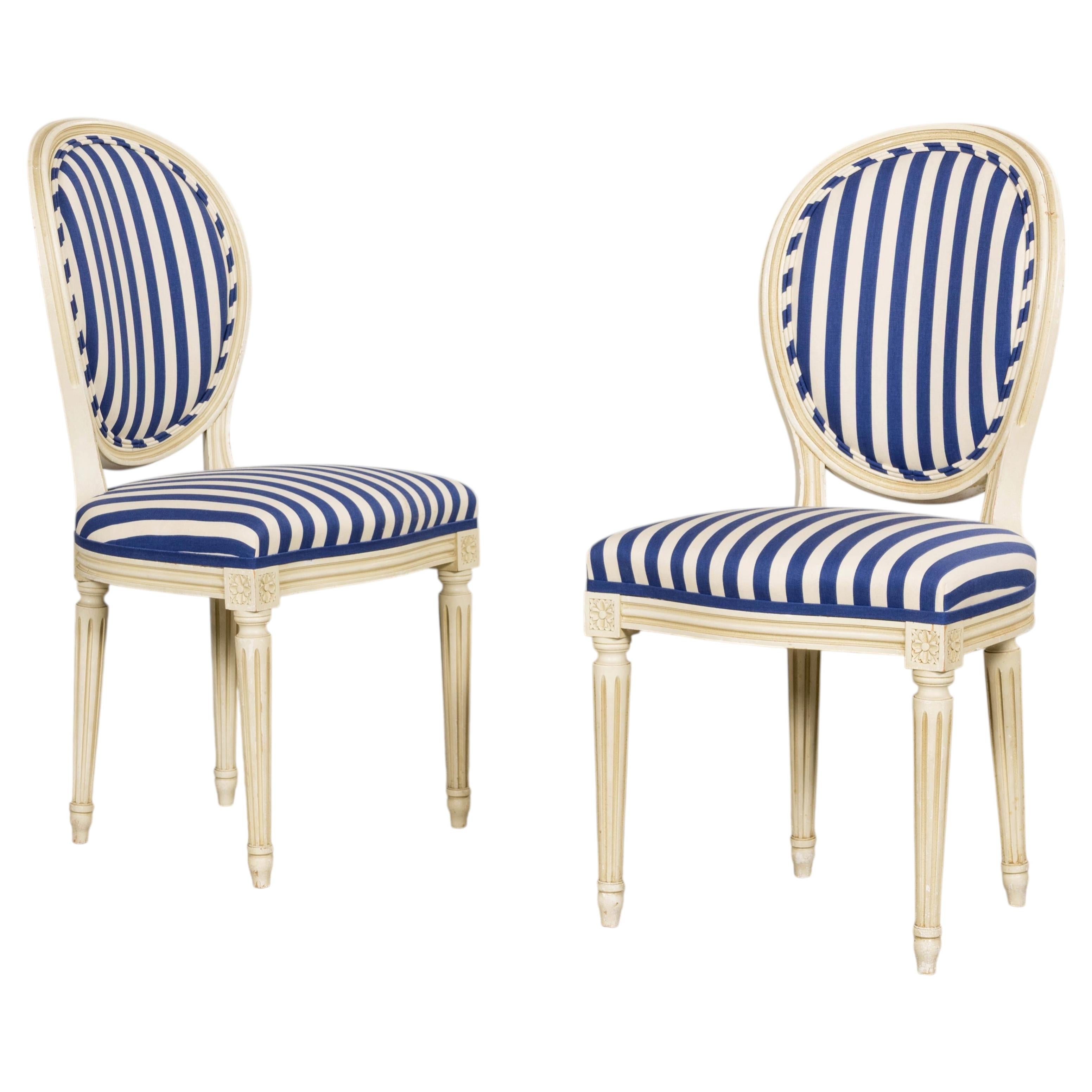 Pair of Antique French Louis XVI Style Painted Side Chairs in Blue Stripe
