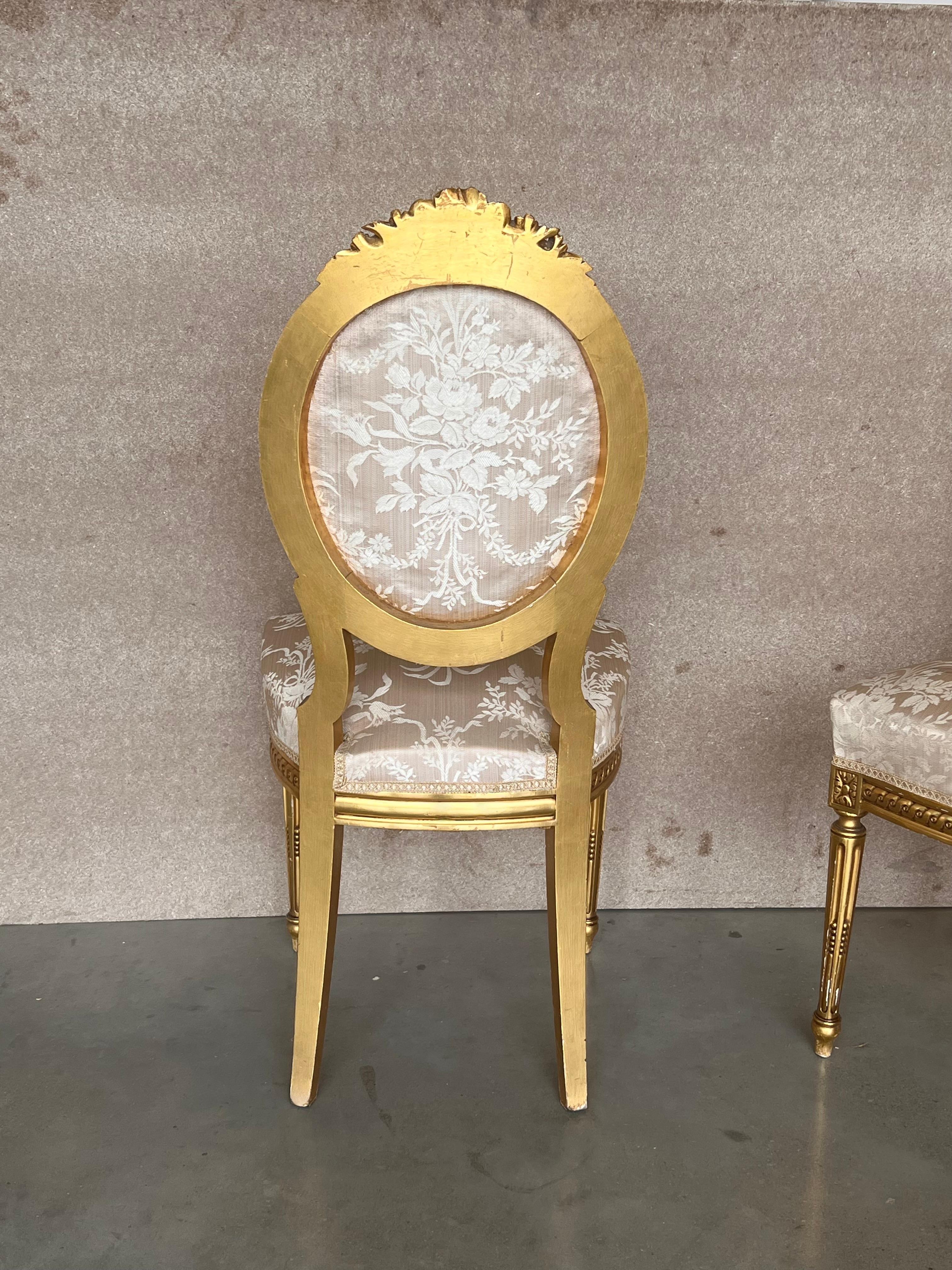 Pair of Antique French Louis XVI Style Parcel Gilt and Painted Dining Chairs 1