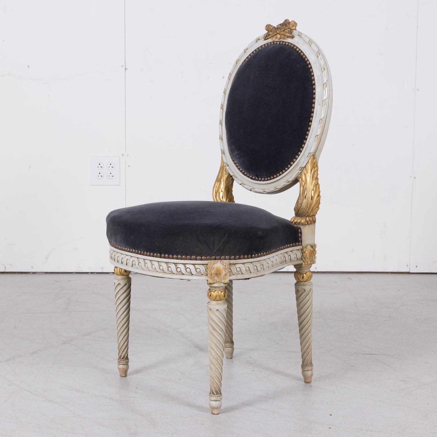 Pair of Antique French Louis XVI Style Parcel Gilt and White Painted Side Chairs For Sale 4