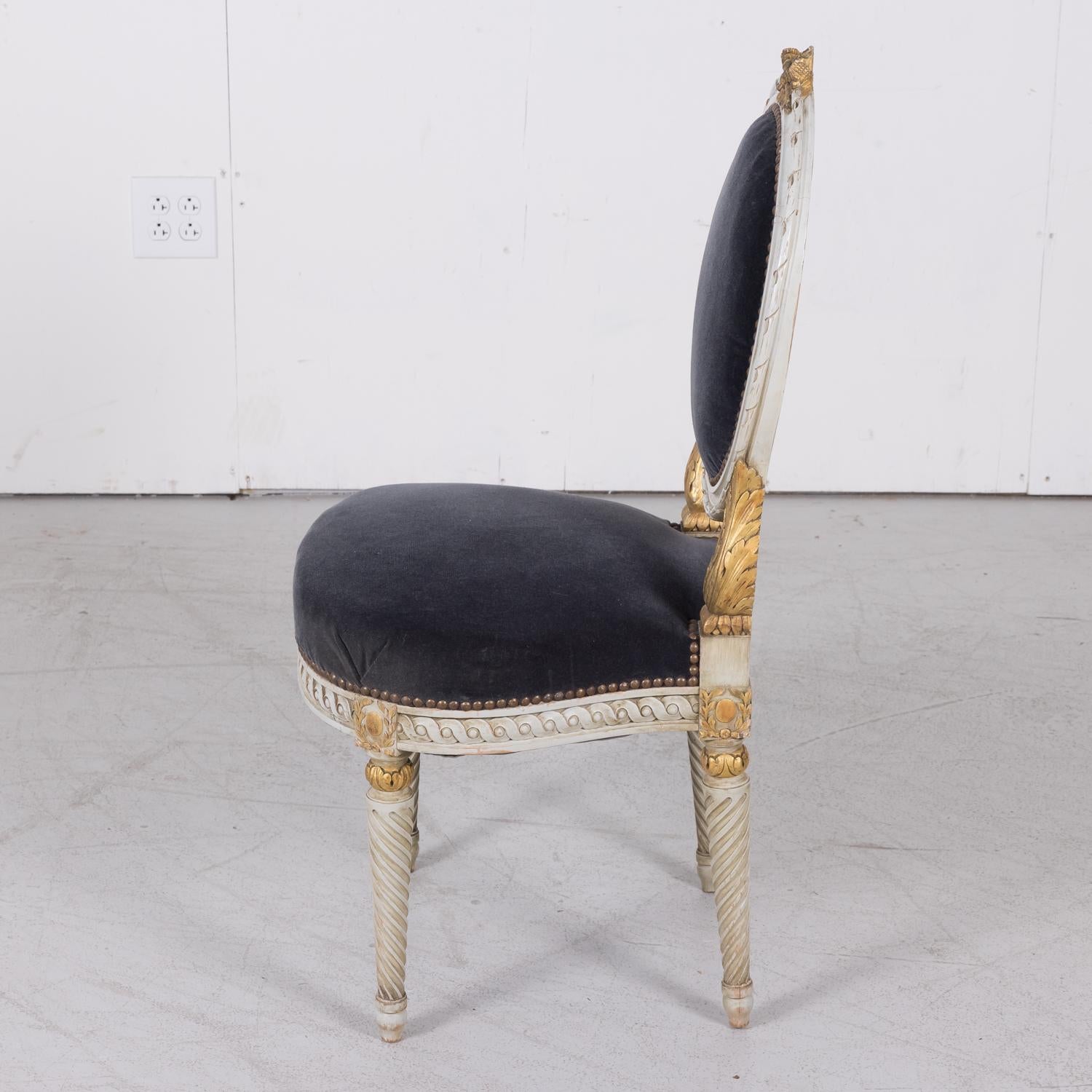 Pair of Antique French Louis XVI Style Parcel Gilt and White Painted Side Chairs For Sale 6