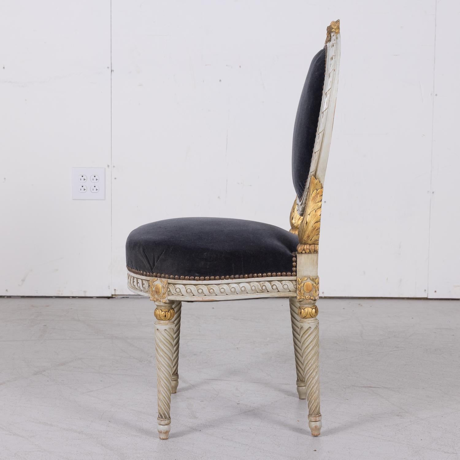 Pair of Antique French Louis XVI Style Parcel Gilt and White Painted Side Chairs For Sale 7
