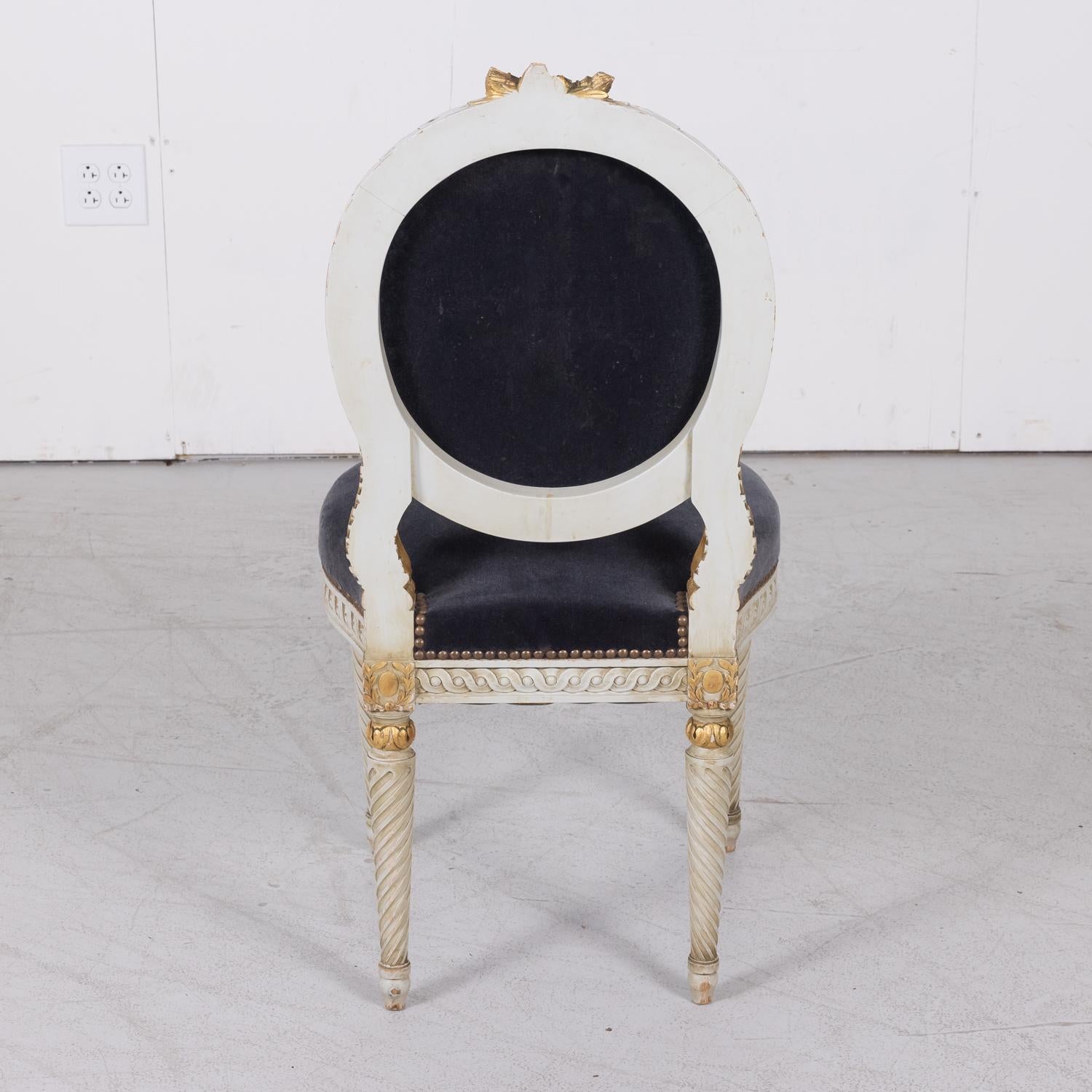 Pair of Antique French Louis XVI Style Parcel Gilt and White Painted Side Chairs For Sale 8