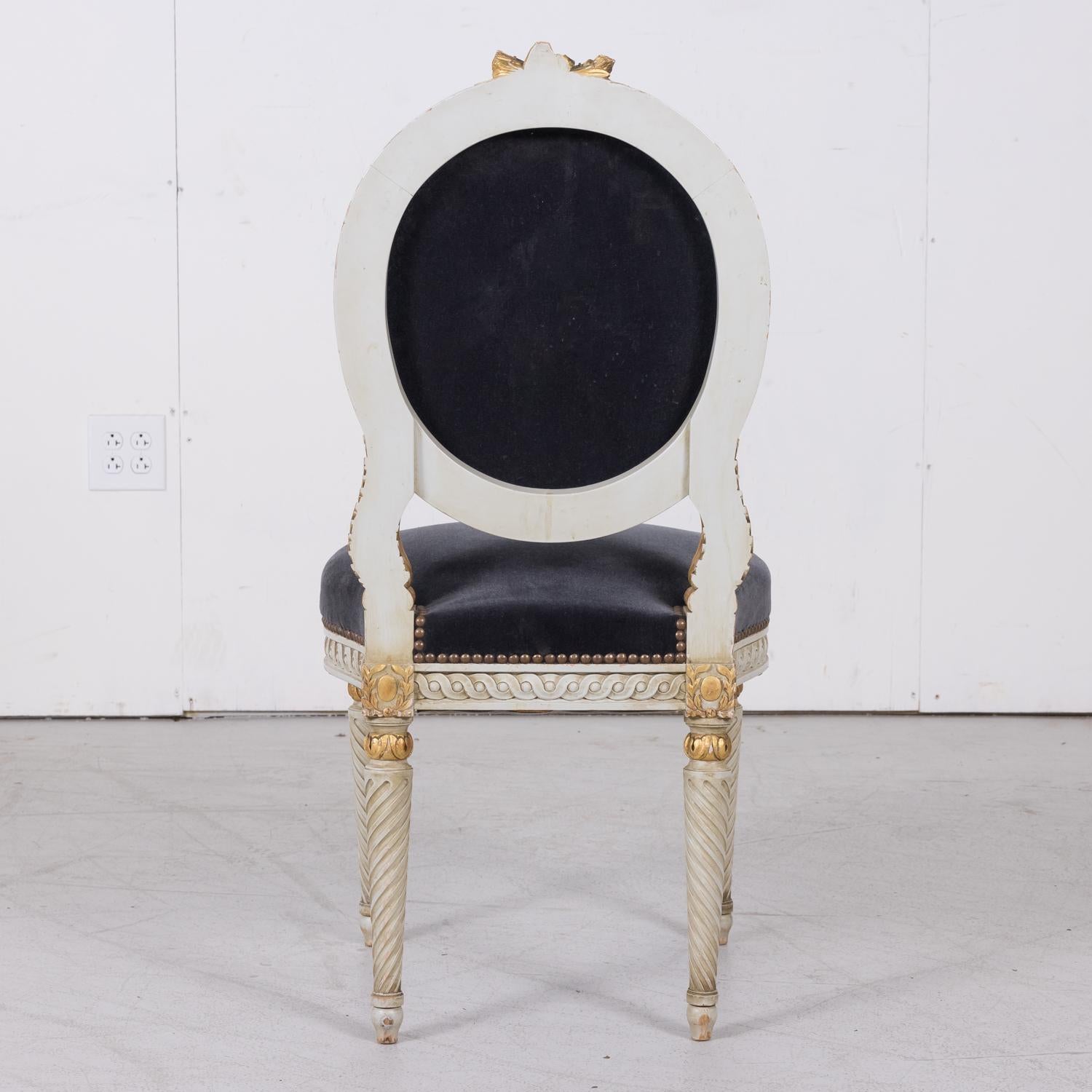 Pair of Antique French Louis XVI Style Parcel Gilt and White Painted Side Chairs For Sale 9