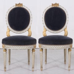 Pair of Antique French Louis XVI Style Parcel Gilt and White Painted Side Chairs