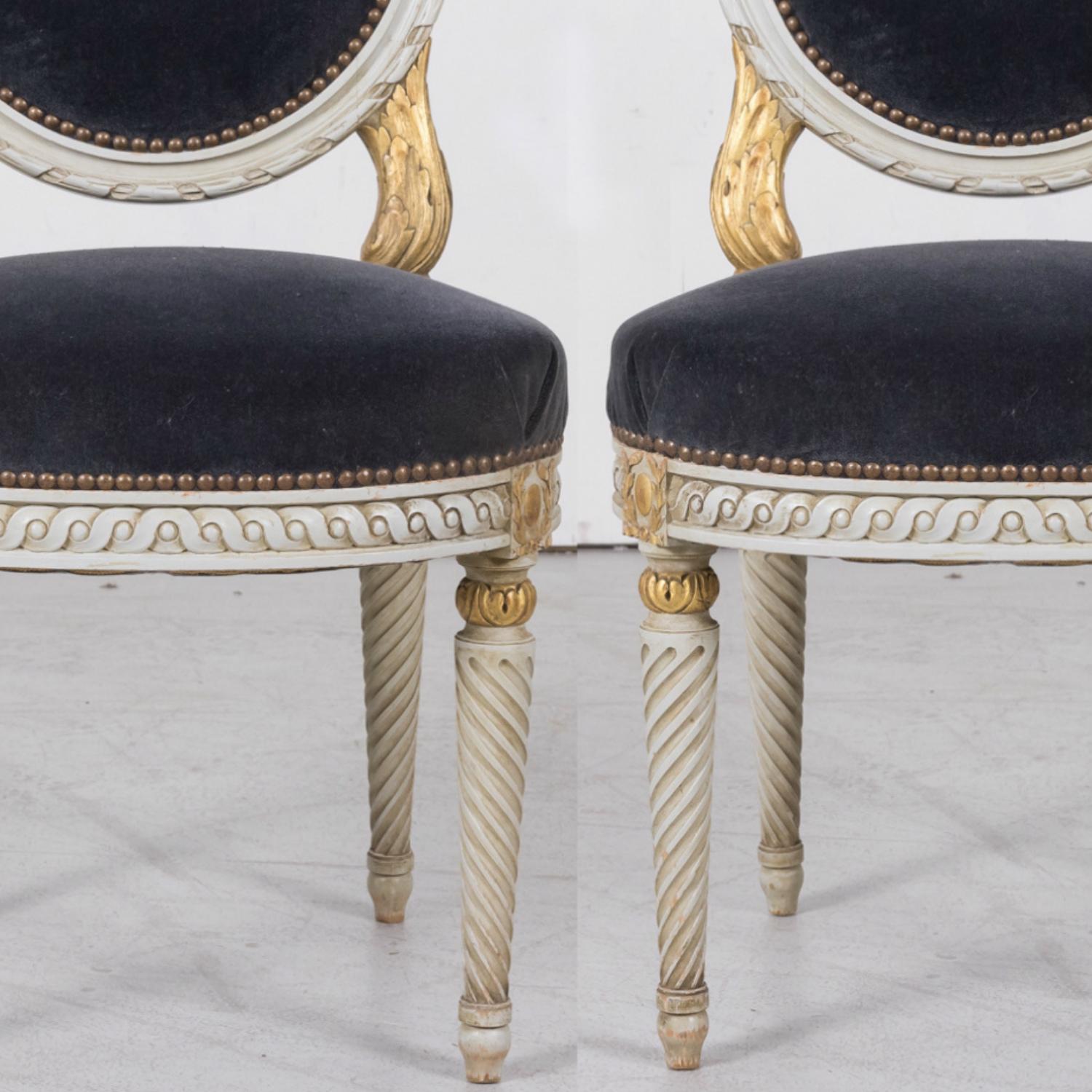 Early 20th Century Pair of Antique French Louis XVI Style Parcel Gilt and White Painted Side Chairs For Sale