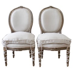 Pair of Antique French Louis XVI Style Side Chairs with Custom Linen Slip Covers