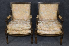 Pair of Antique French Louis XVI Style Silk Upholstered Armchairs