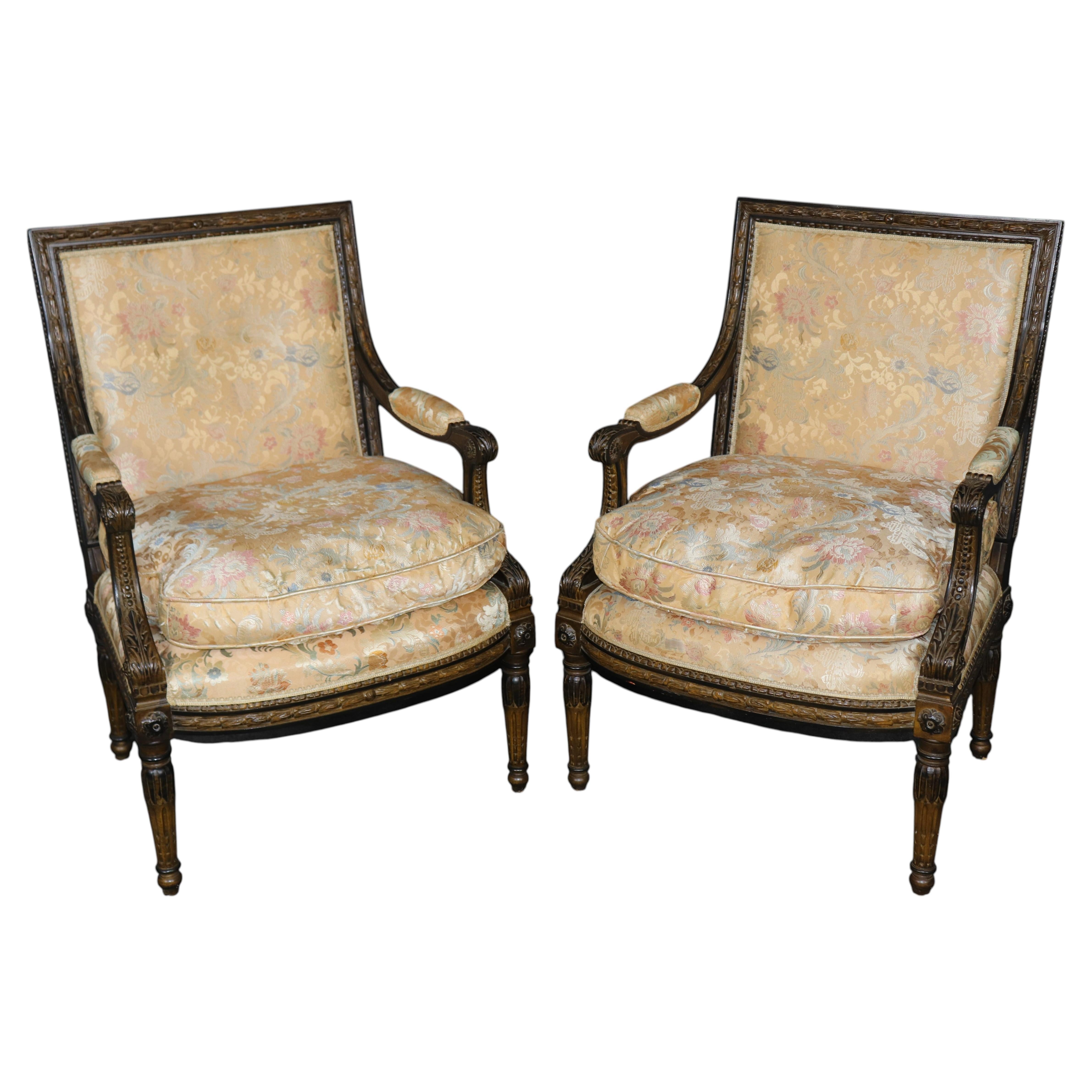 Pair of Antique French Louis XVI Style Silk Upholstered Armchairs
