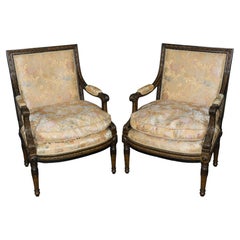 Pair of Antique French Louis XVI Style Silk Upholstered Armchairs