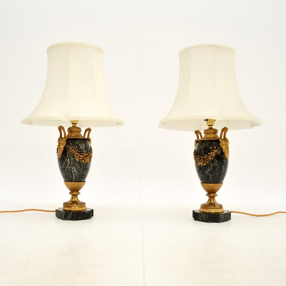 An absolutely stunning pair of antique French marble and gilt bronze lamps. They were made in France, they date from around the 1890-1910 period.

The quality is outstanding, they are exquisitely made from marble which has a gorgeous green colour
