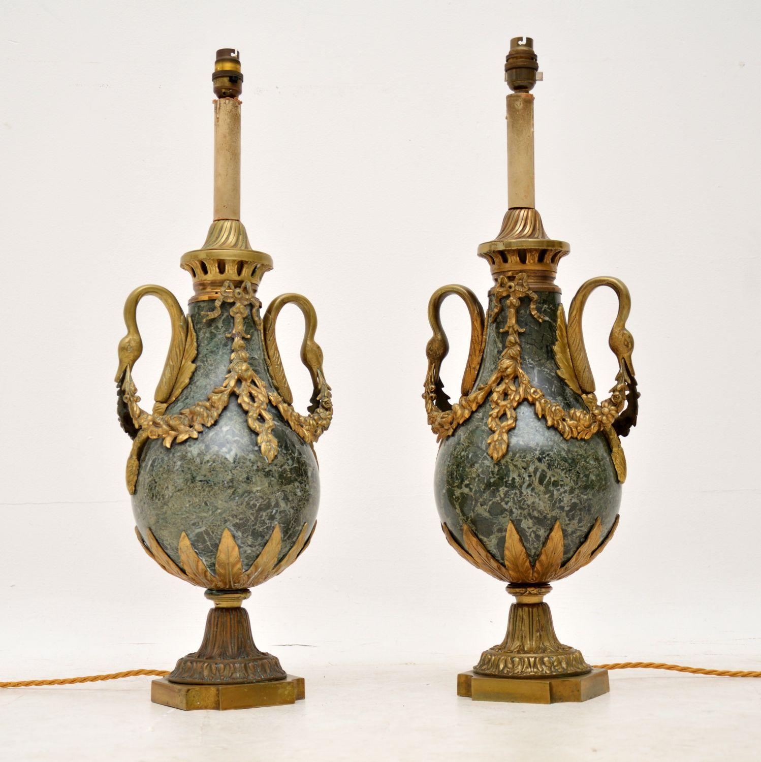 Louis XV Pair of Antique French Marble and Gilt Metal Table Lamps