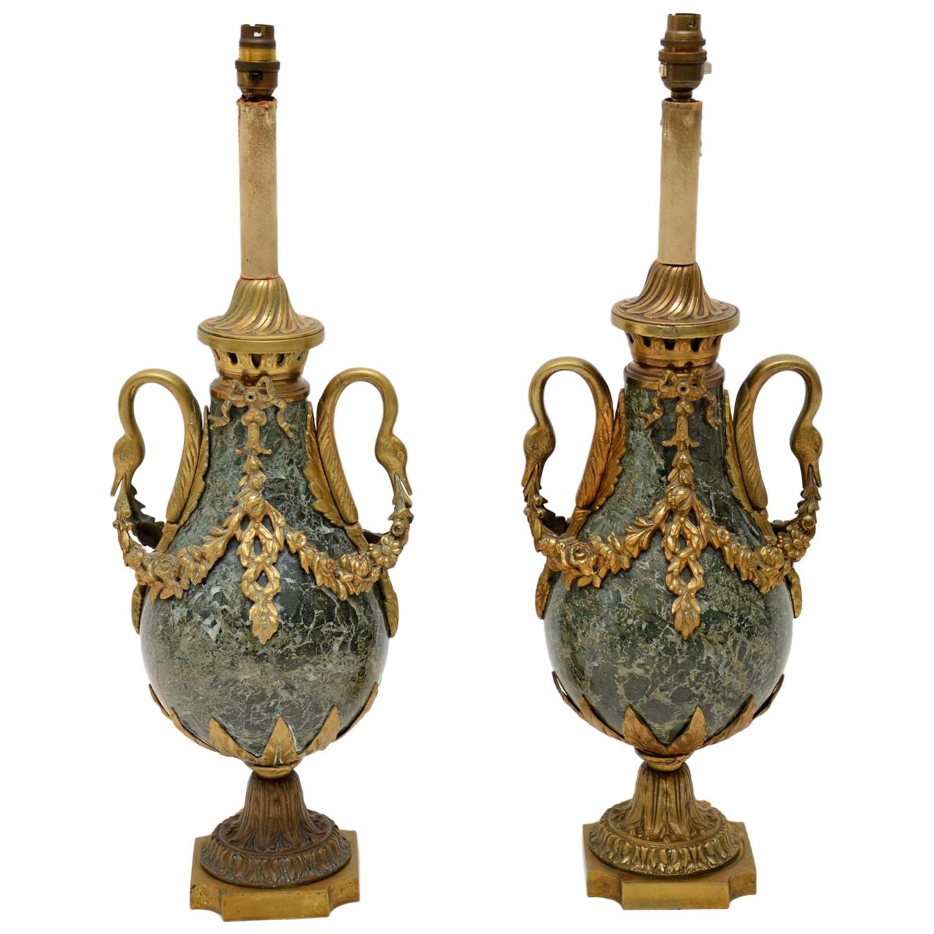 Pair of Antique French Marble and Gilt Metal Table Lamps