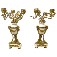 Pair of Antique French Marble and Gold Bronze Candelabra, Circa 1860-1870