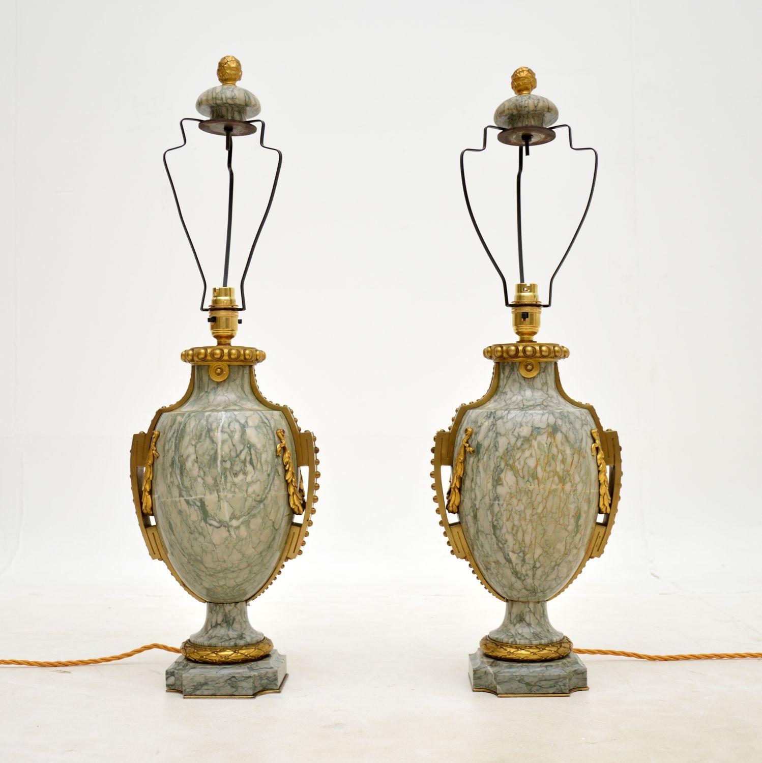 Neoclassical Pair of Antique French Marble & Gilt Bronze Table Lamps