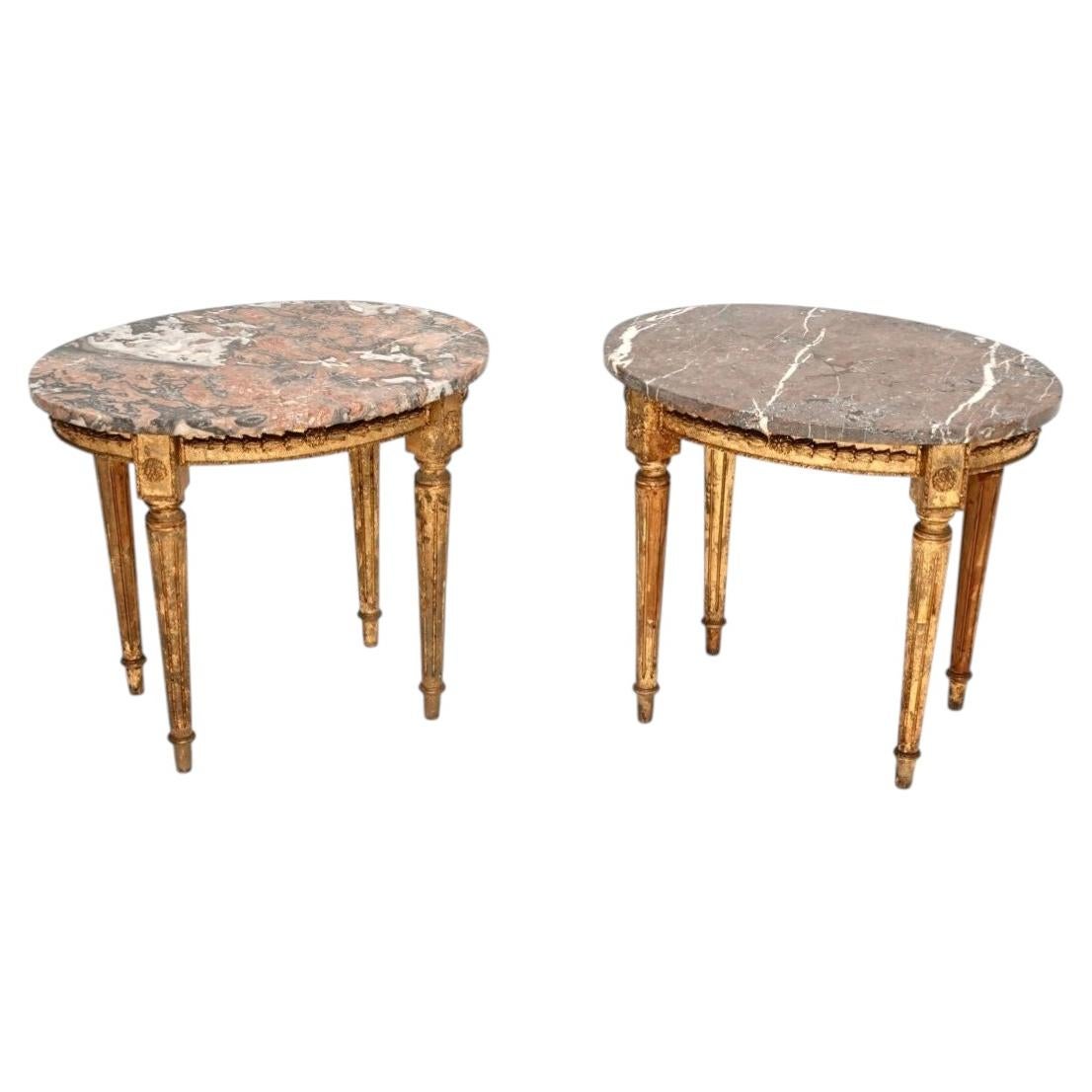 Pair of Antique French Marble Top Gilt Wood Side Tables