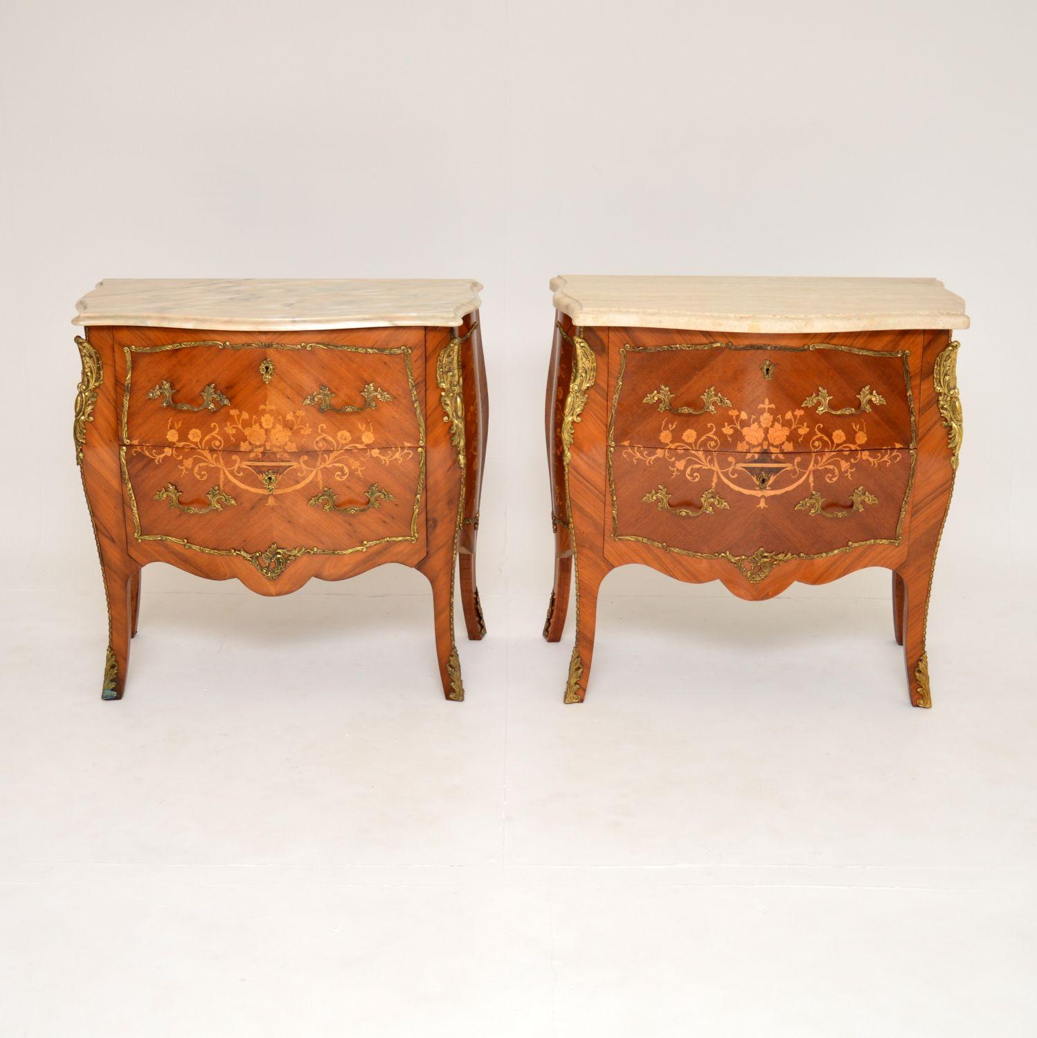 Louis XV Pair of Antique French Marble Top Inlaid Marquetry Commodes
