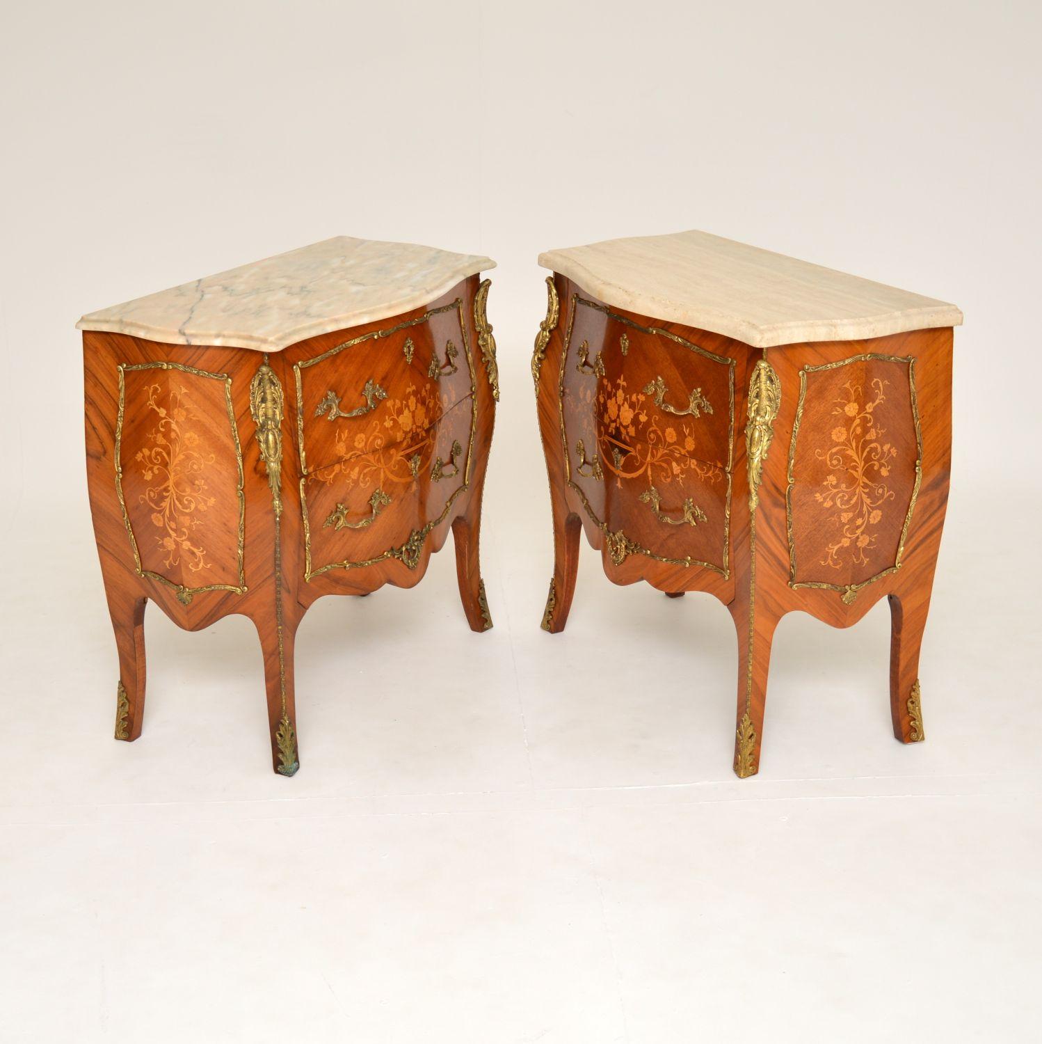 Pair of Antique French Marble Top Inlaid Marquetry Commodes In Good Condition In London, GB