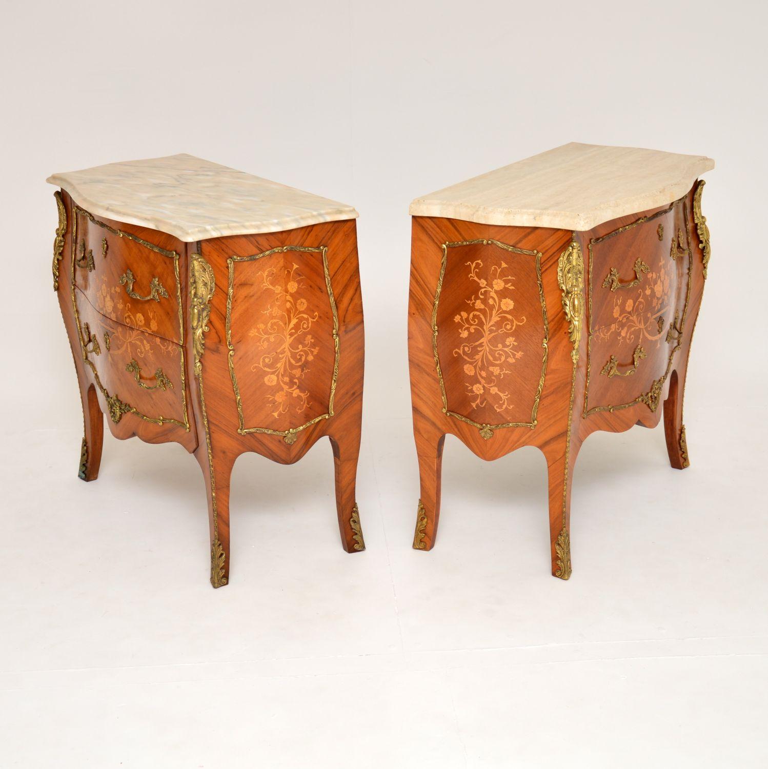 Mid-20th Century Pair of Antique French Marble Top Inlaid Marquetry Commodes