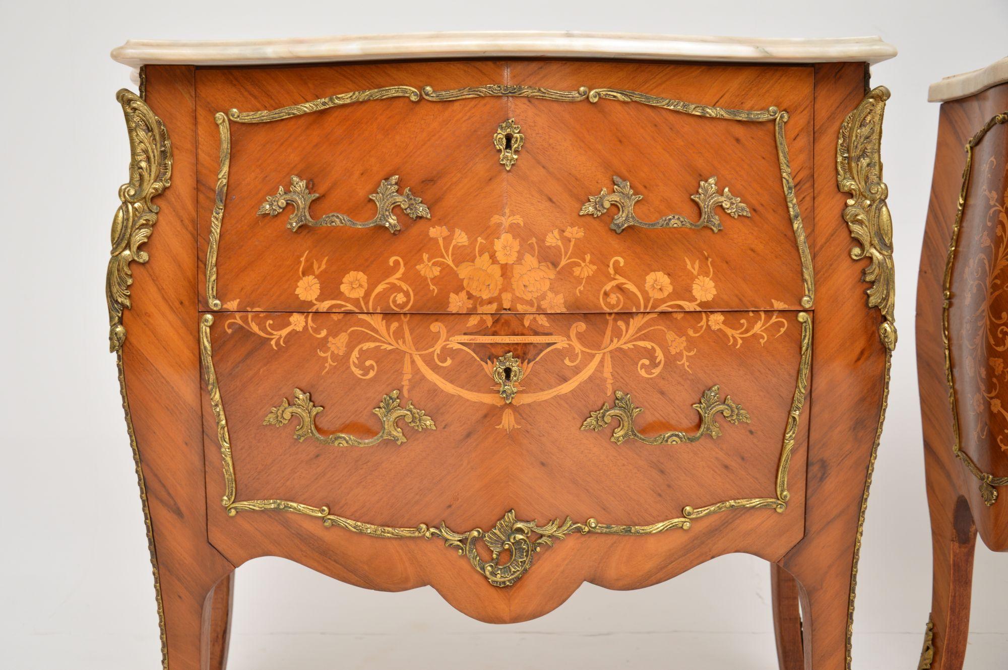 Pair of Antique French Marble Top Inlaid Marquetry Commodes 1