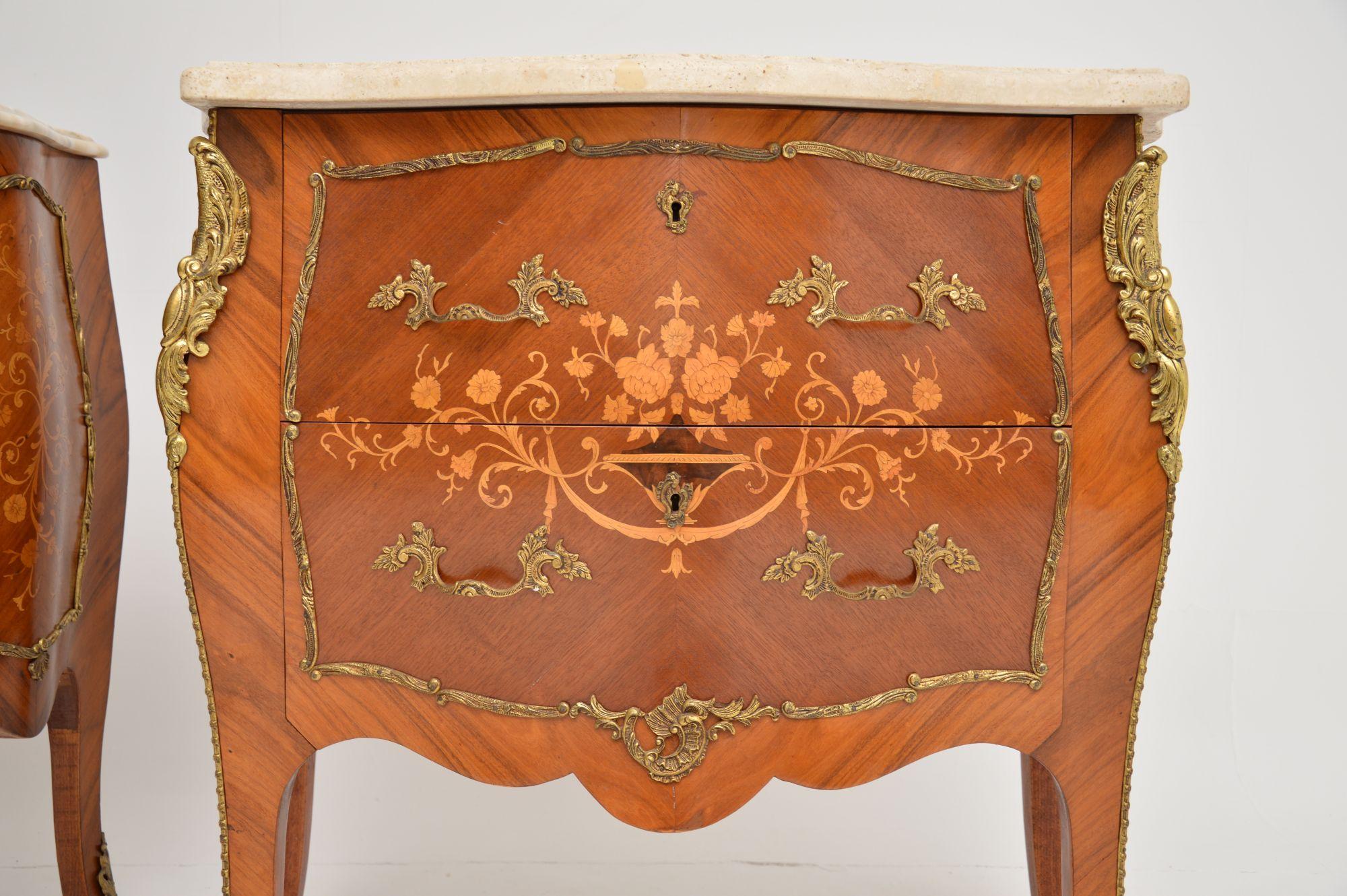 Pair of Antique French Marble Top Inlaid Marquetry Commodes 2