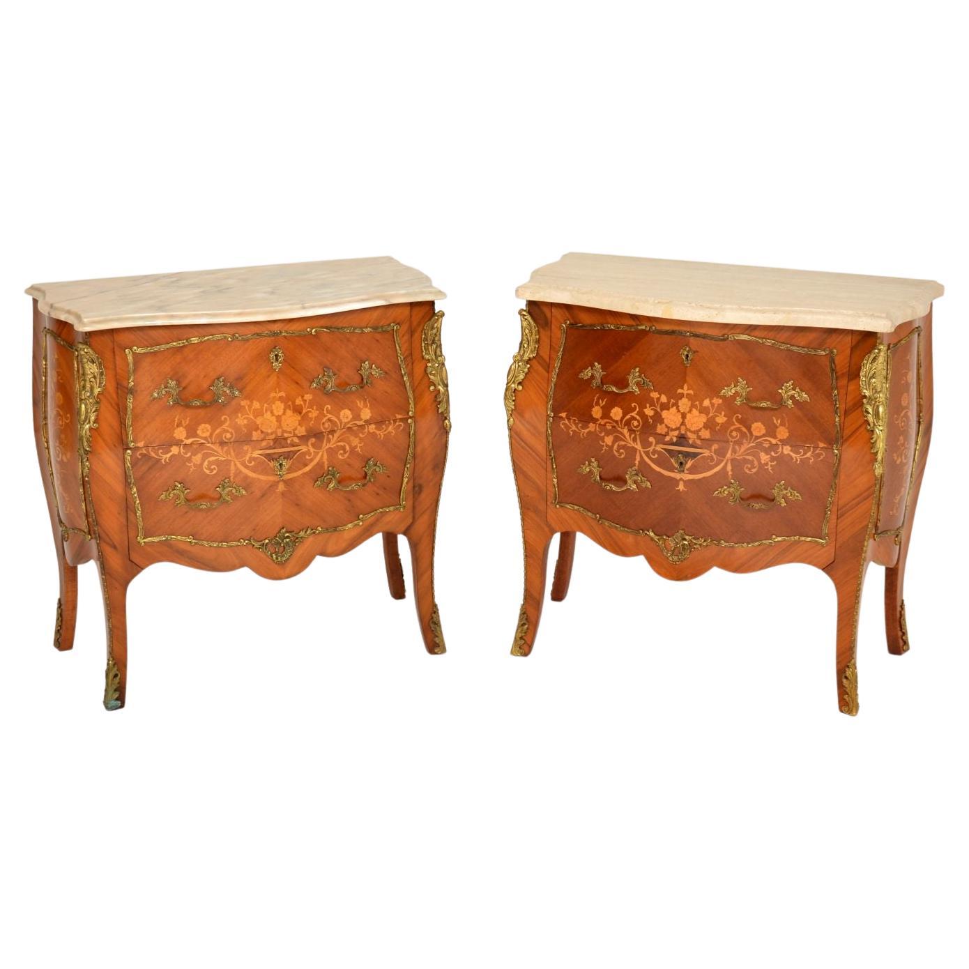 Pair of Antique French Marble Top Inlaid Marquetry Commodes