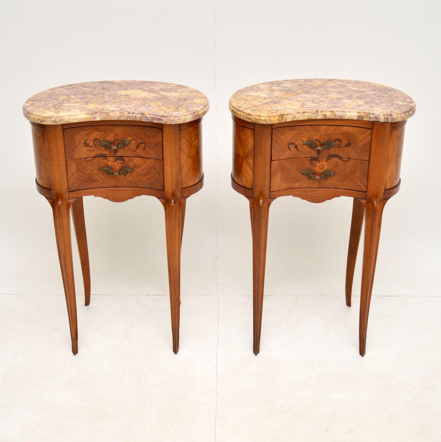 Louis XV Pair of Antique French Marble Top Kidney Bedside Tables