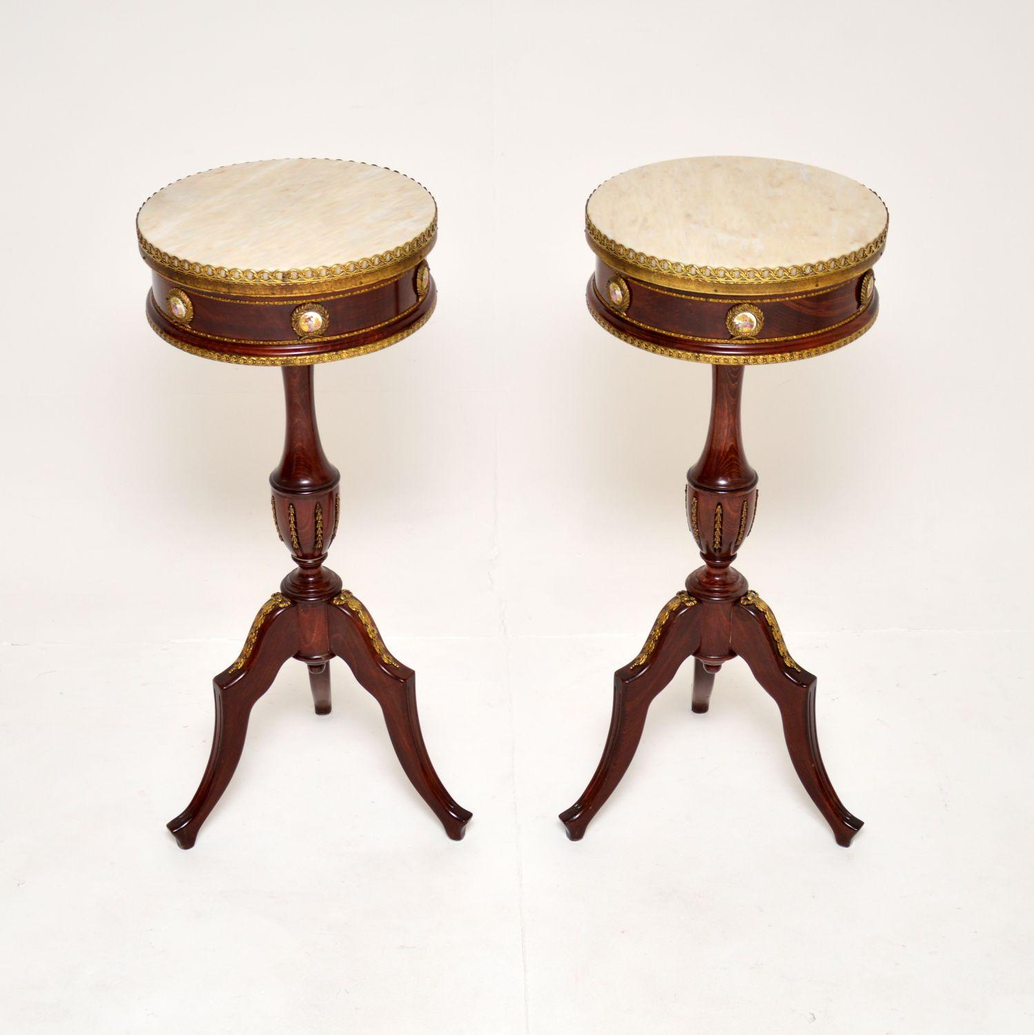 A stunning pair of antique French marble top side tables, dating from around the 1930’s.

They are of superb quality and are a very useful size, quite, slim and elegant. The frames have high quality gilt metal mounts, with beautiful Limoges