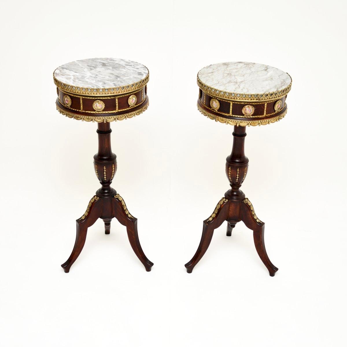 A stunning pair of antique French marble top side tables, dating from around the 1930’s.

They are of superb quality and are a very useful size, quite, slim and elegant. The frames have high quality gilt metal mounts, with beautiful Limoges