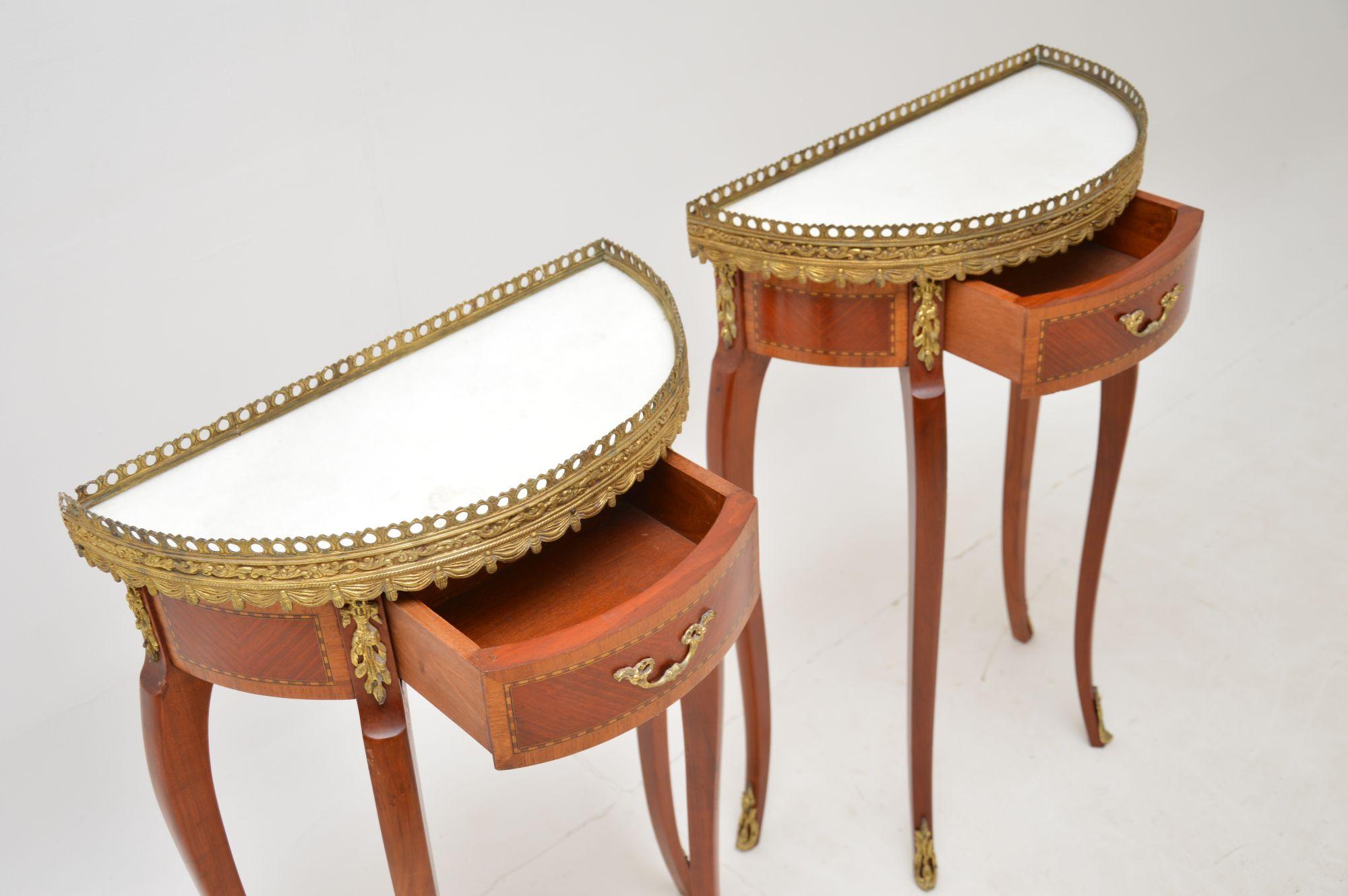 Inlay Pair of Antique French Marble Top Side Tables For Sale