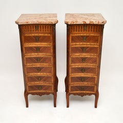 Pair of Antique French Marble Top Slim Chests of Drawers
