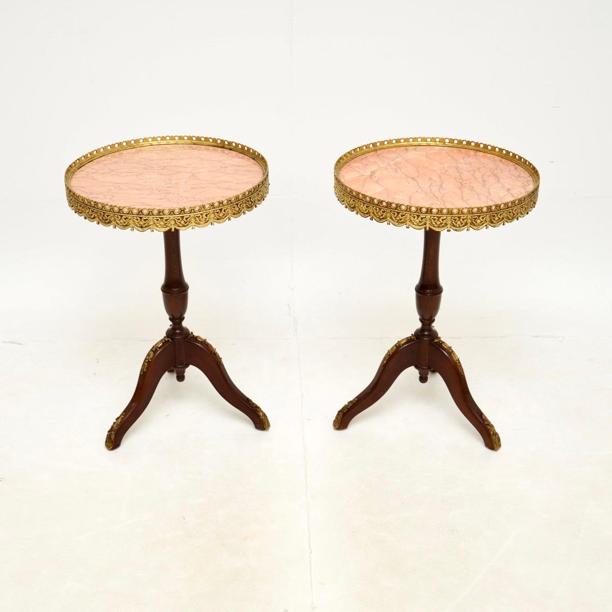 A beautiful pair of antique French marble top wine tables, dating from around the 1930’s period.

The quality is outstanding and they are a very useful size. The marble tops have gorgeous colours and patterns, they are held in place by high quality