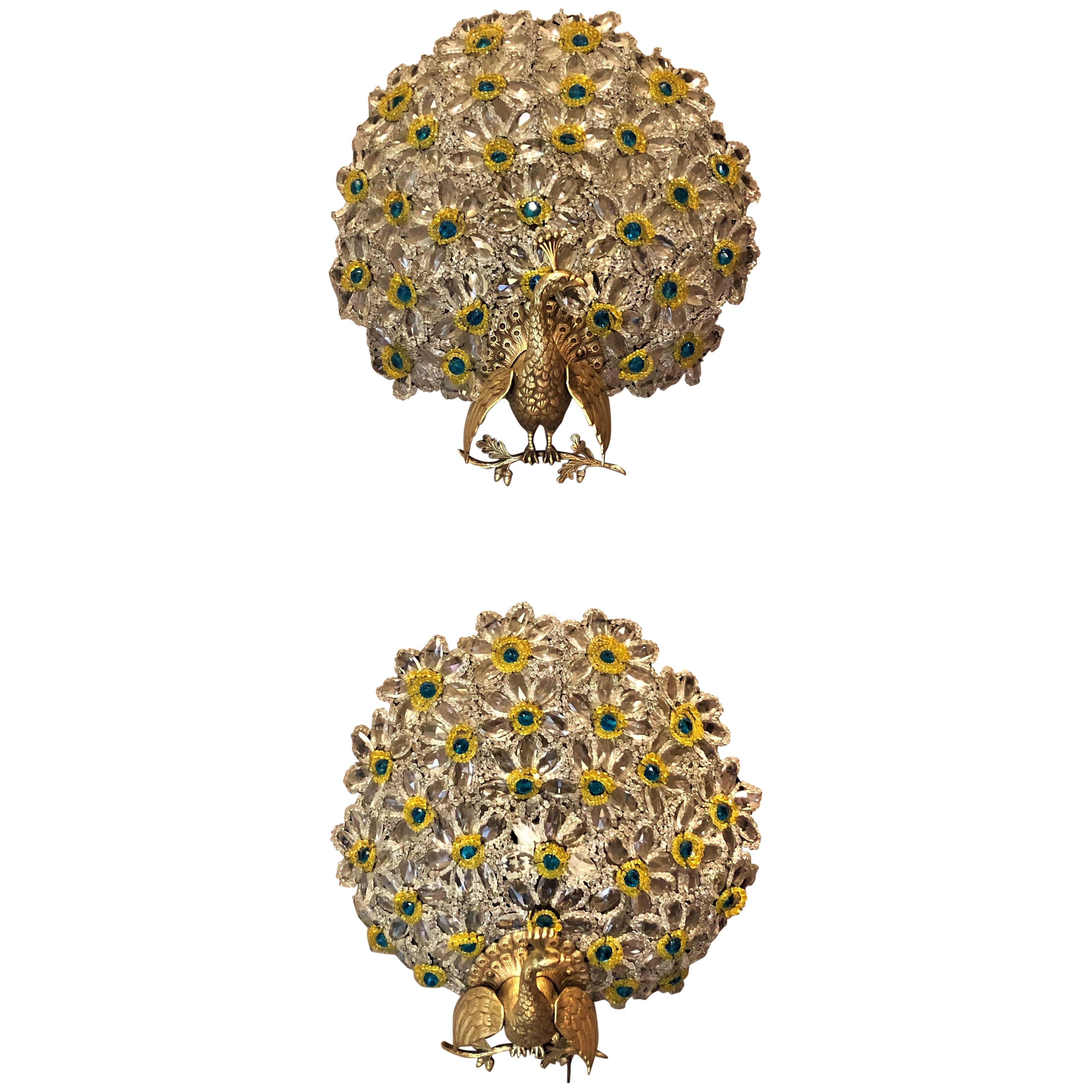 Pair of Antique French Multi-Color Peacock Wall Lights
