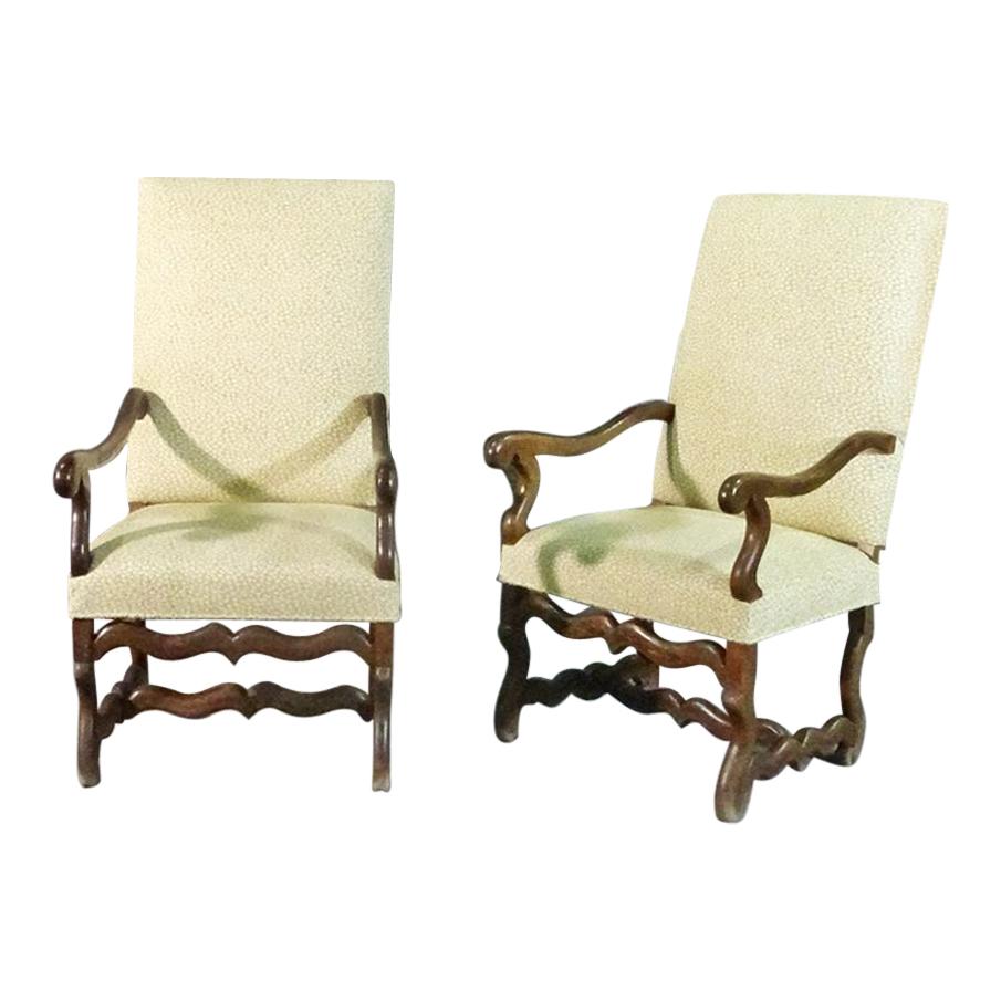 Pair of Antique French Mutton Leg Walnut Armchairs Fauteuills, C1830
