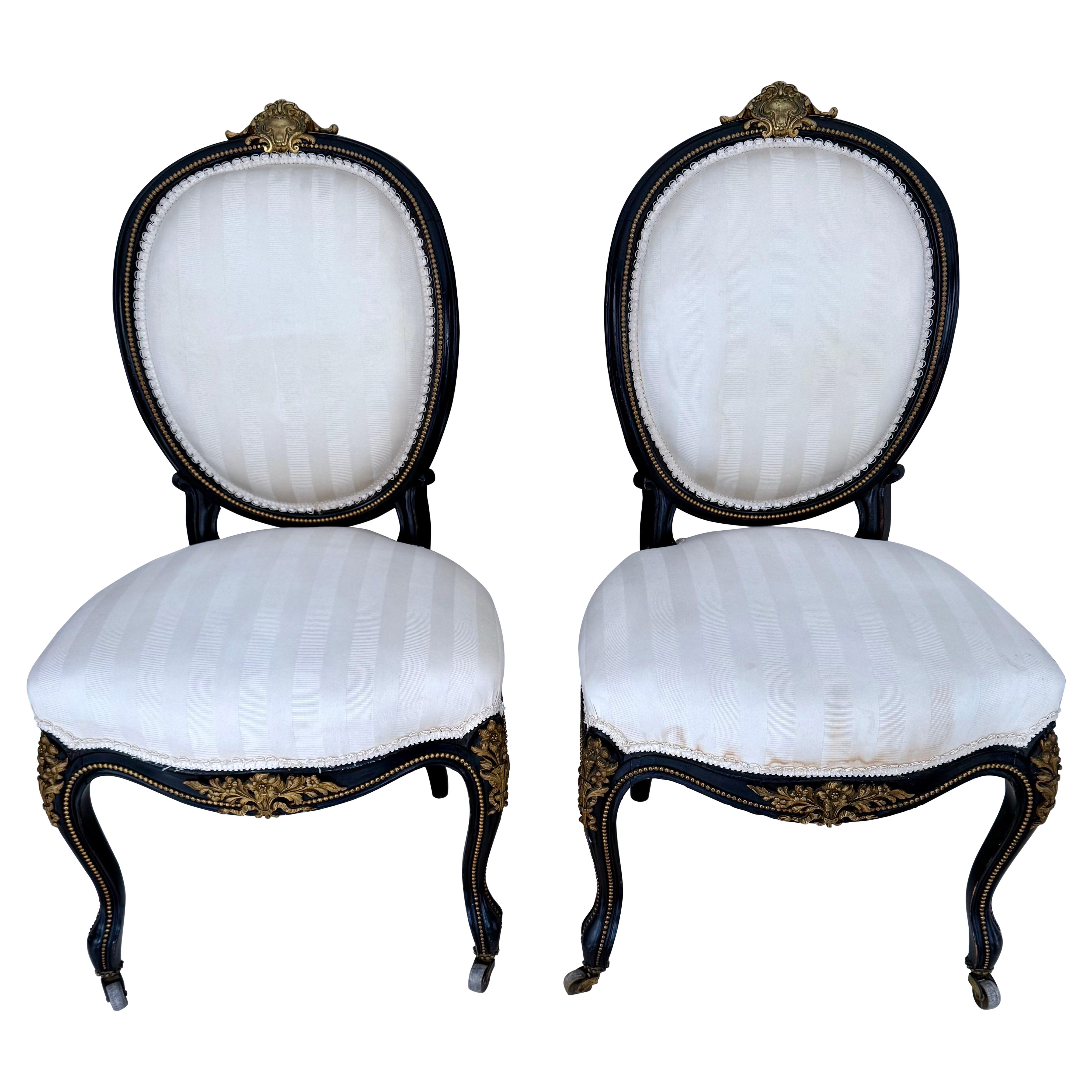 Pair of Antique French Napoleon Ebonized Oval Back Salon Chairs 19th Century
