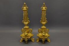 Pair of Antique French Neoclassical Bronze and Iron Fire Dogs or Andirons