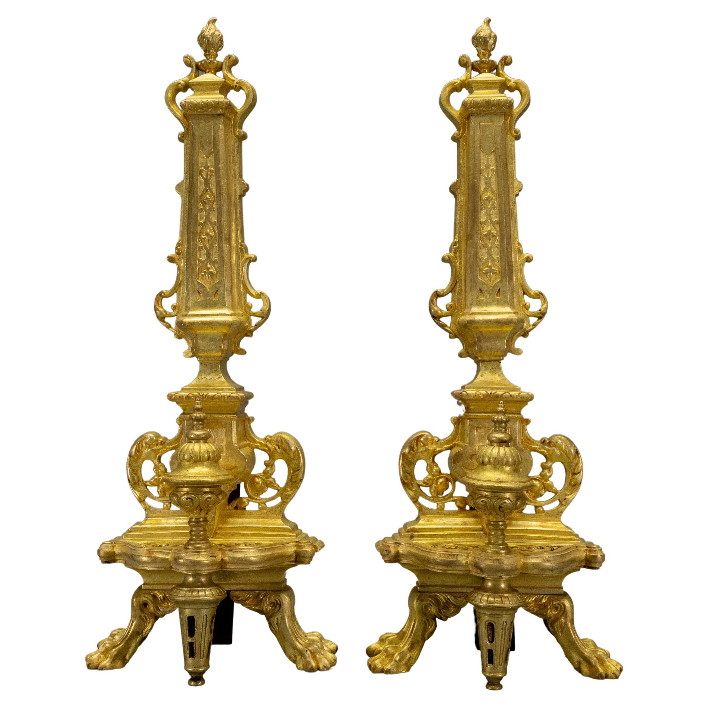 Pair of Antique French Neoclassical Bronze and Iron Fire Dogs or Andirons