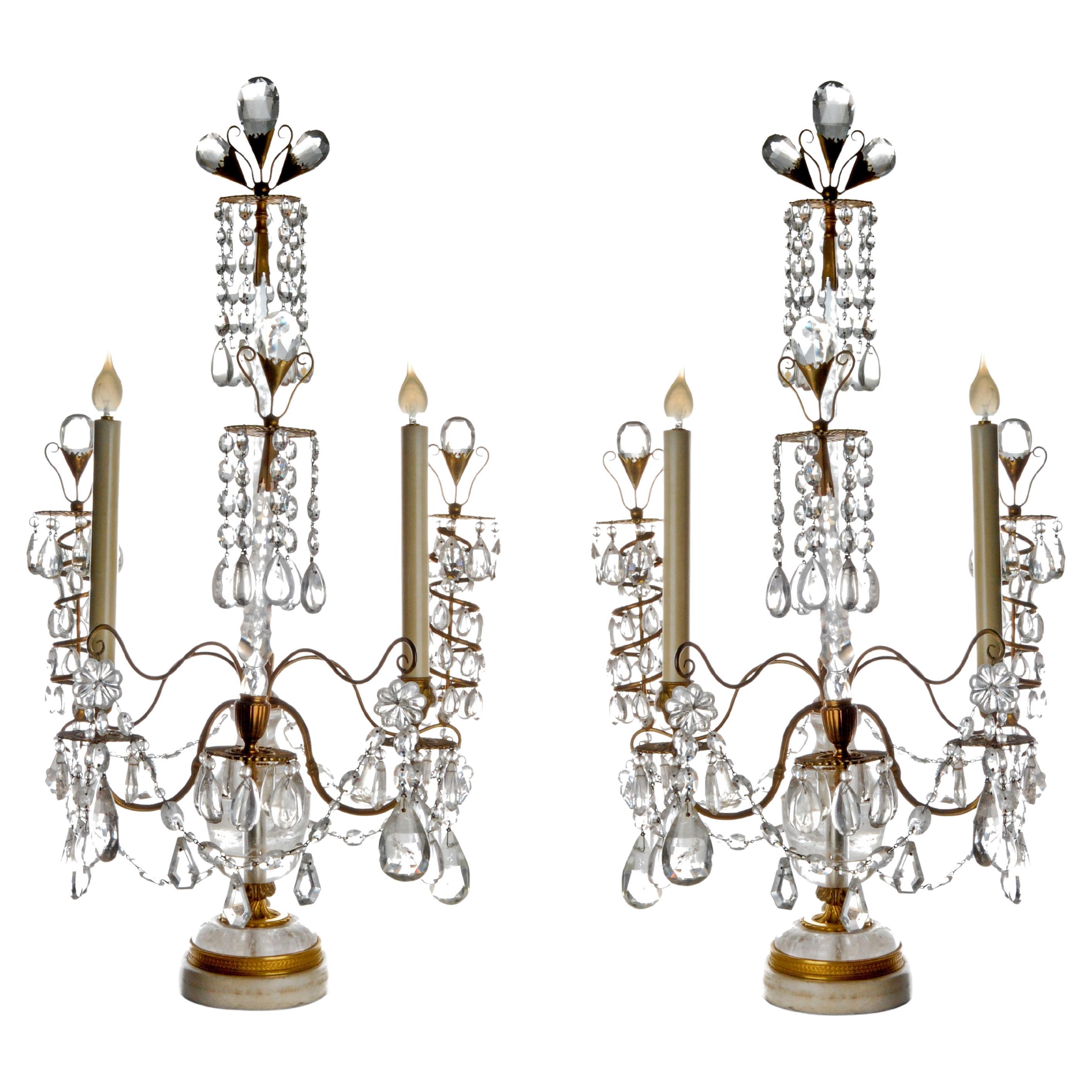 Pair of Antique French Neoclassical Gilt Bronze Mounted Rock Crystal Candelabras